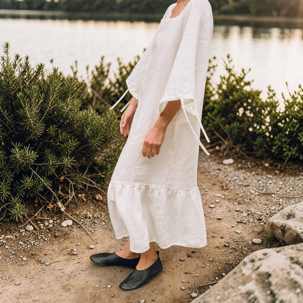 Relaxed Linen Midi Dress, Ruffle Hem 3/4 Sleeve