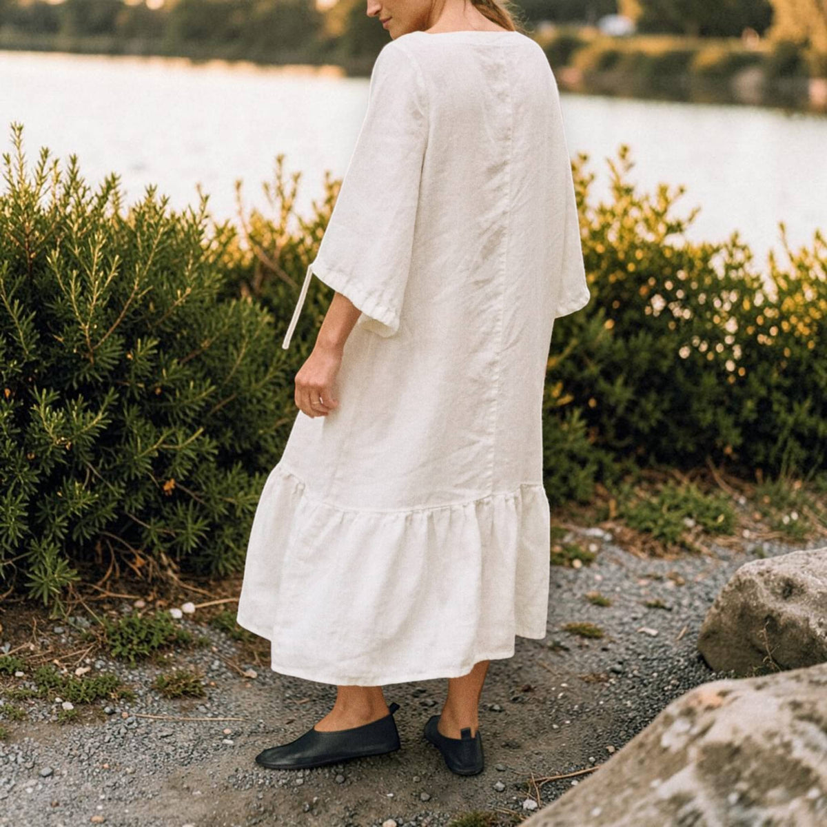 Relaxed Linen Midi Dress, Ruffle Hem 3/4 Sleeve