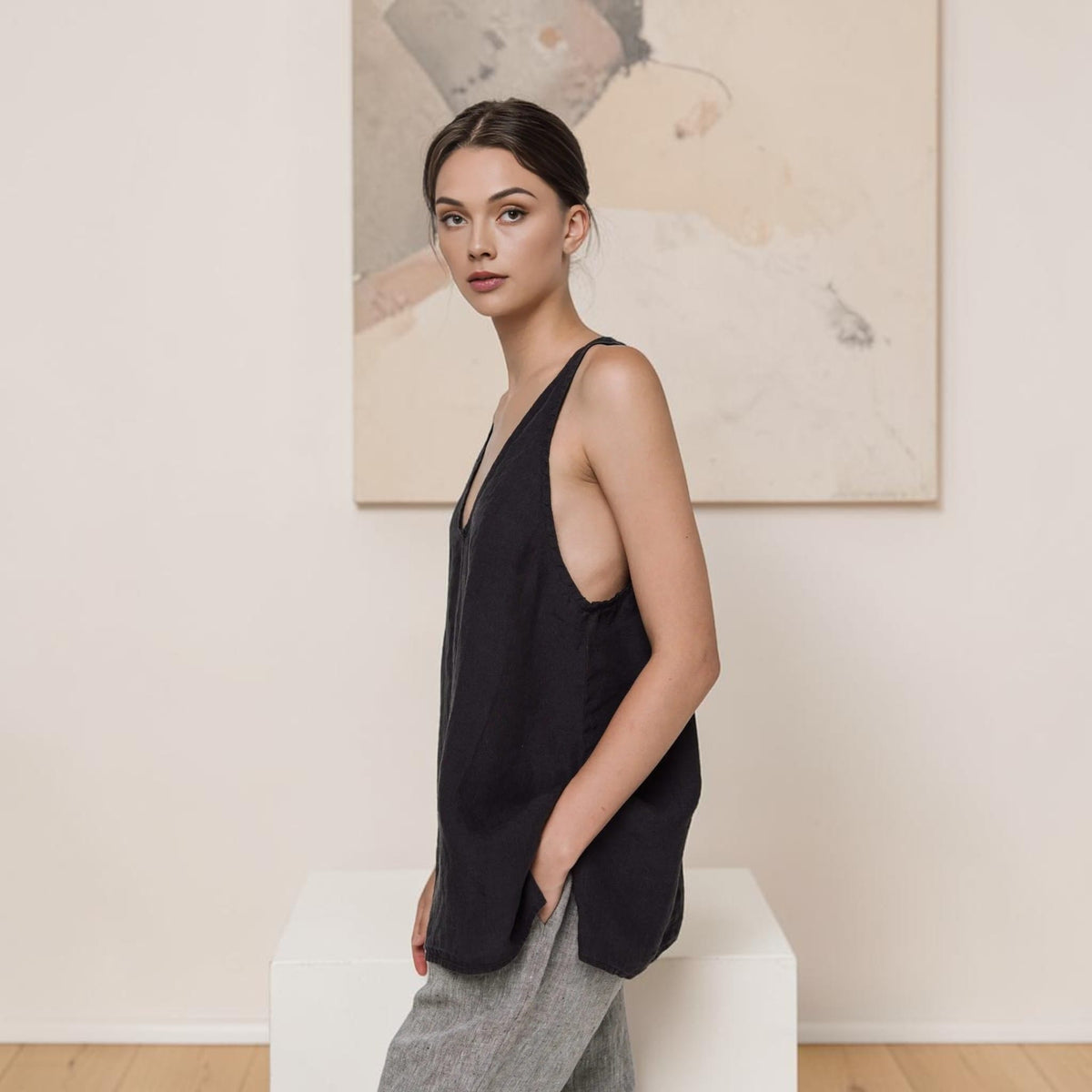 Relaxed Linen Tank Top, Deep Scoop Longline