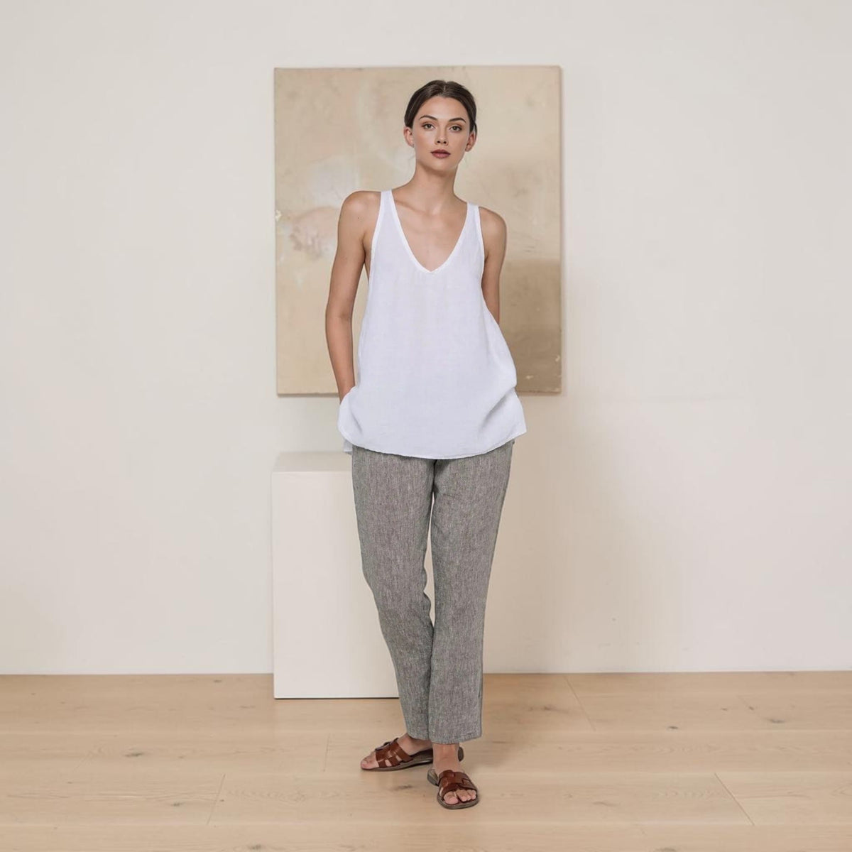 Relaxed Linen Tank Top, Deep Scoop Longline