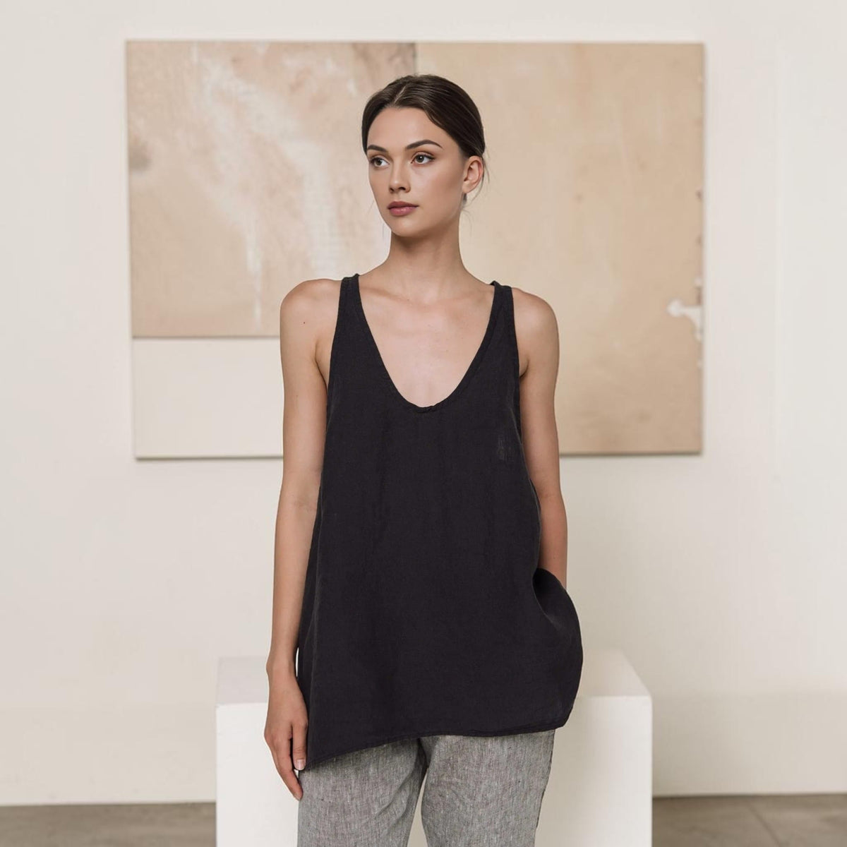 Relaxed Linen Tank Top, Deep Scoop Longline