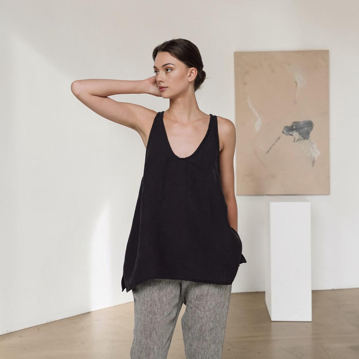 Relaxed Linen Tank Top, Deep Scoop Longline