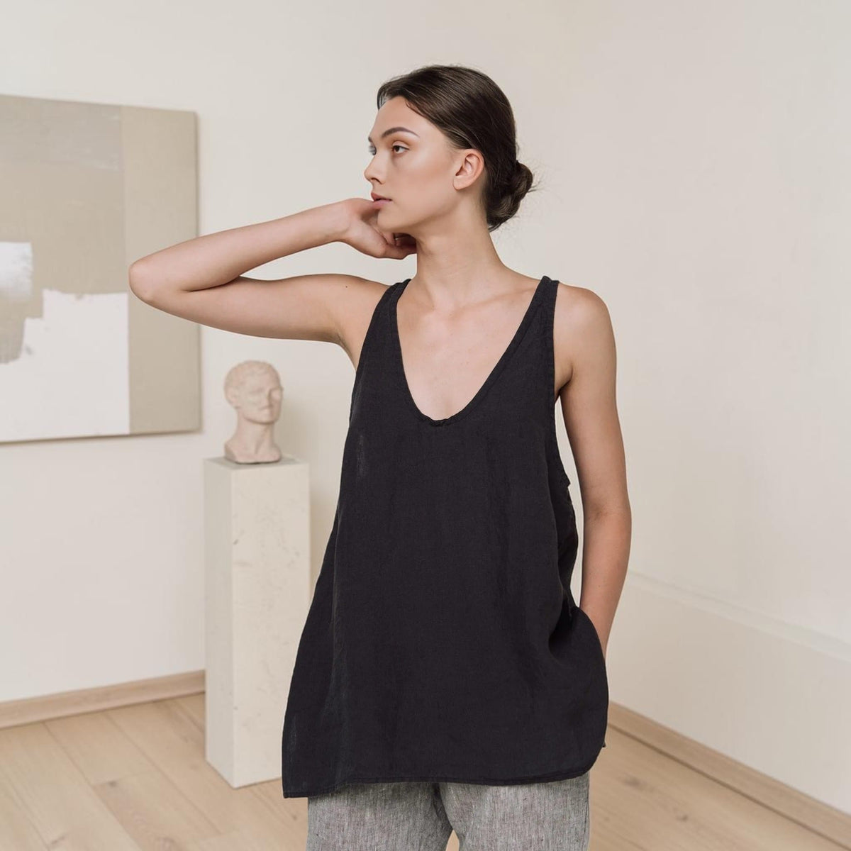 Relaxed Linen Tank Top, Deep Scoop Longline