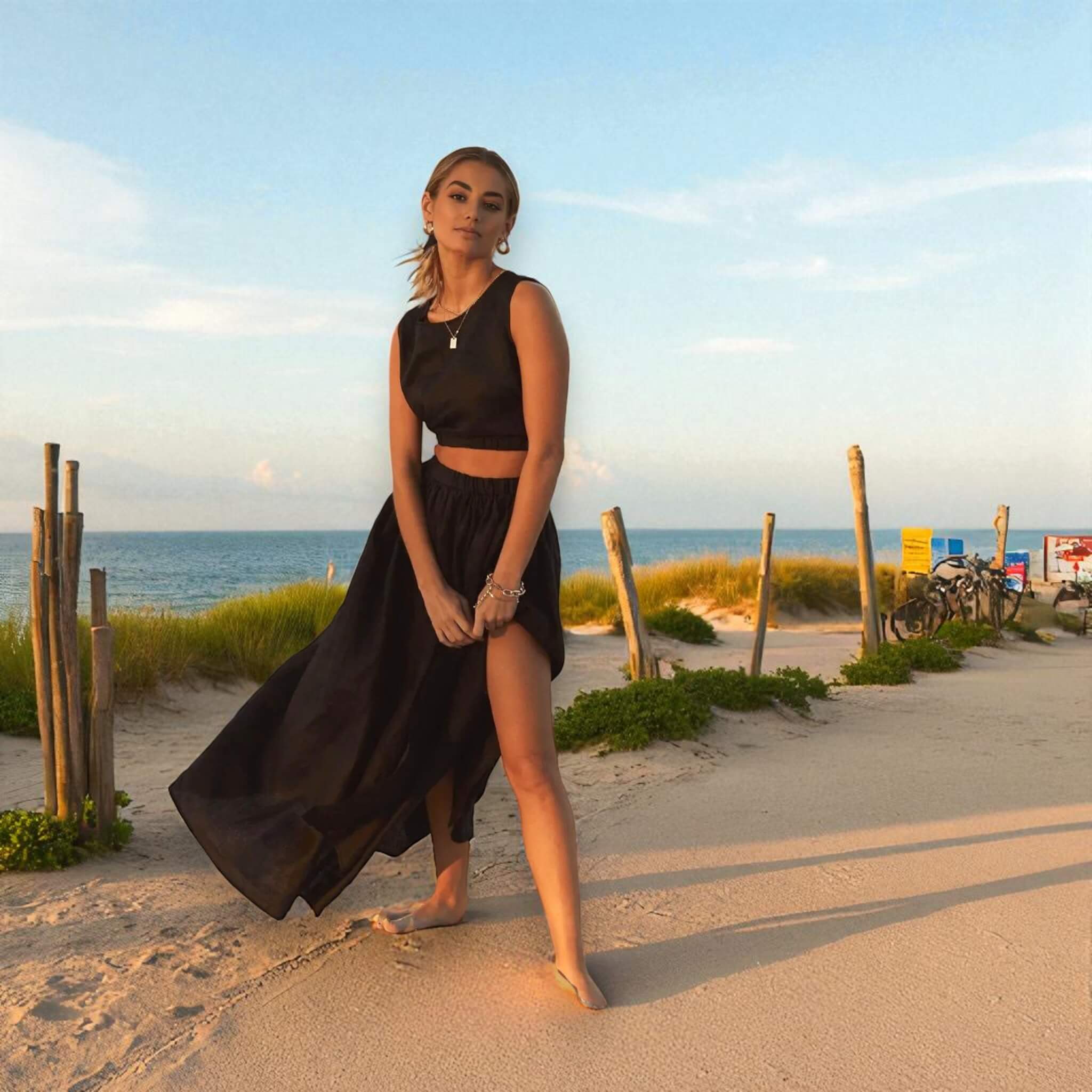 Relaxed Linen Tank Top, Elastic Waistband Linen Crop Top