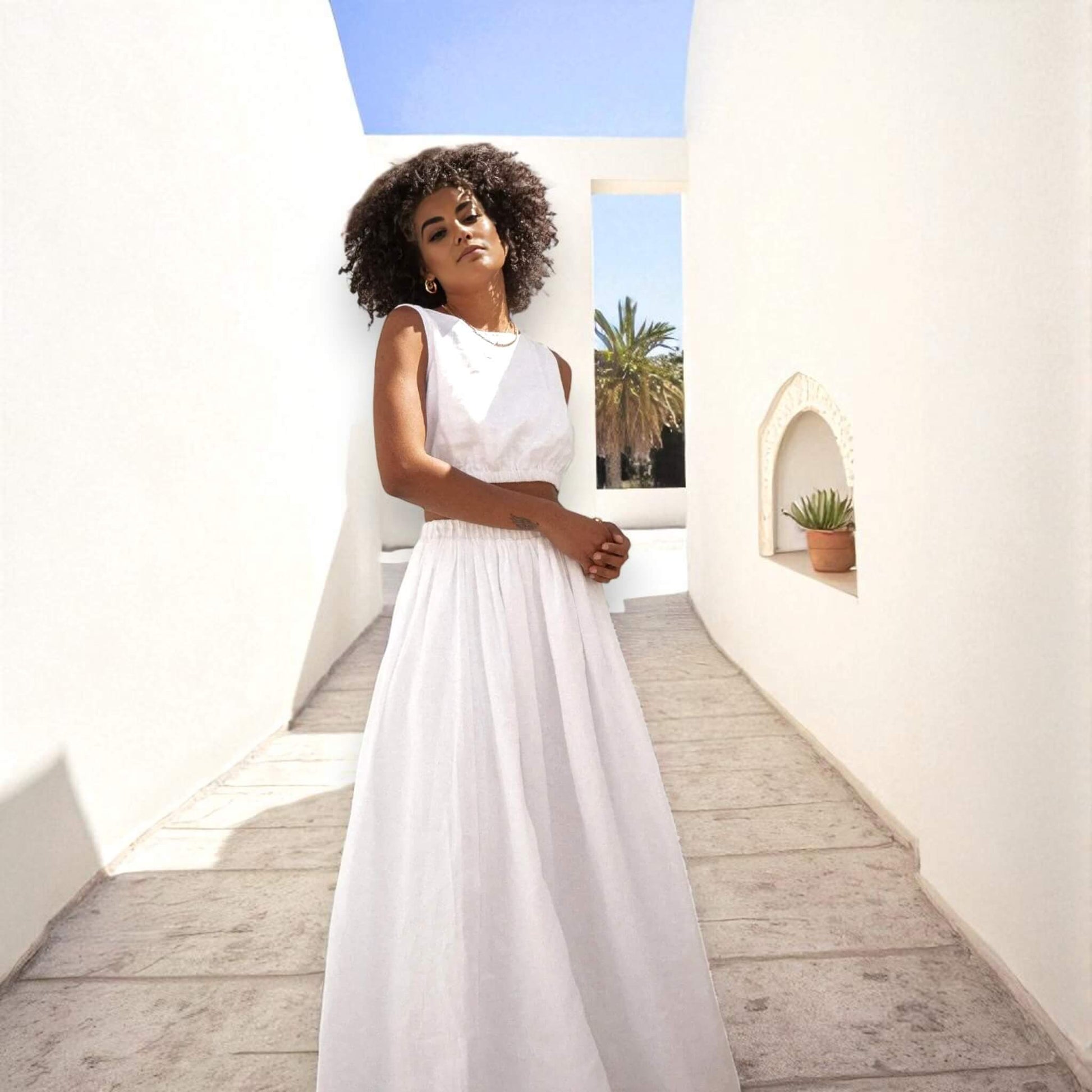 Relaxed Linen Tank Top, Elastic Waistband Linen Crop Top