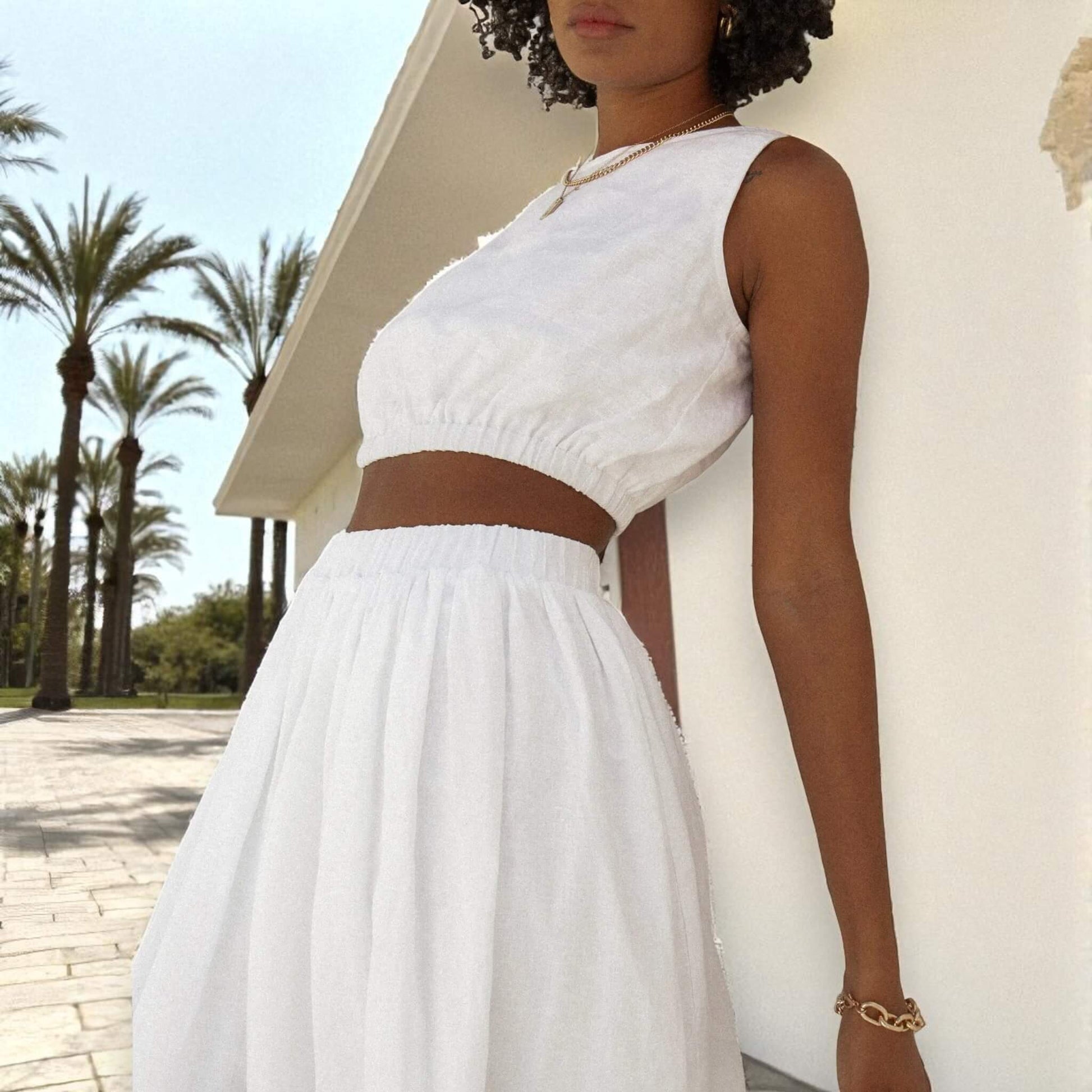 Relaxed Linen Tank Top, Elastic Waistband Linen Crop Top