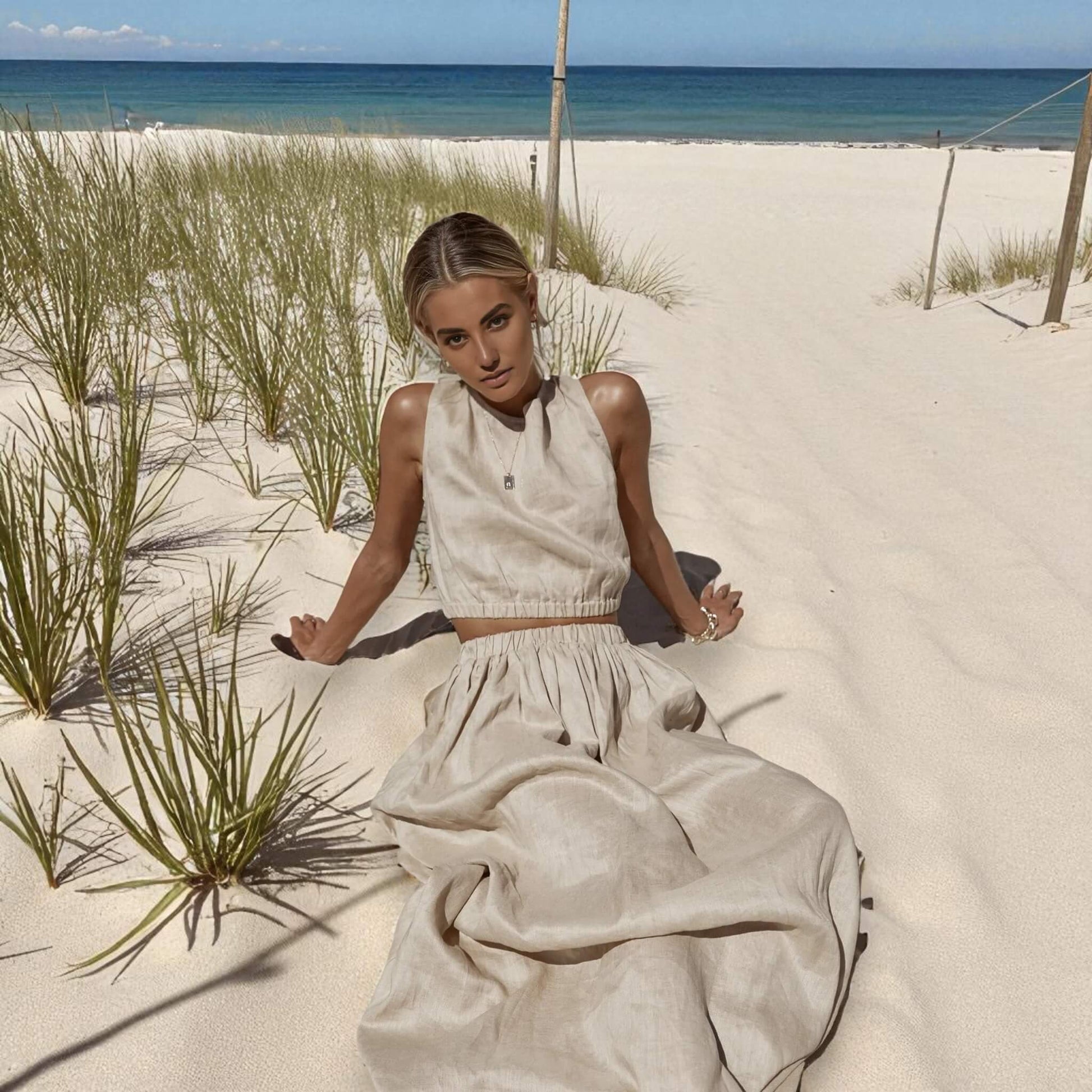 Relaxed Linen Tank Top, Elastic Waistband Linen Crop Top