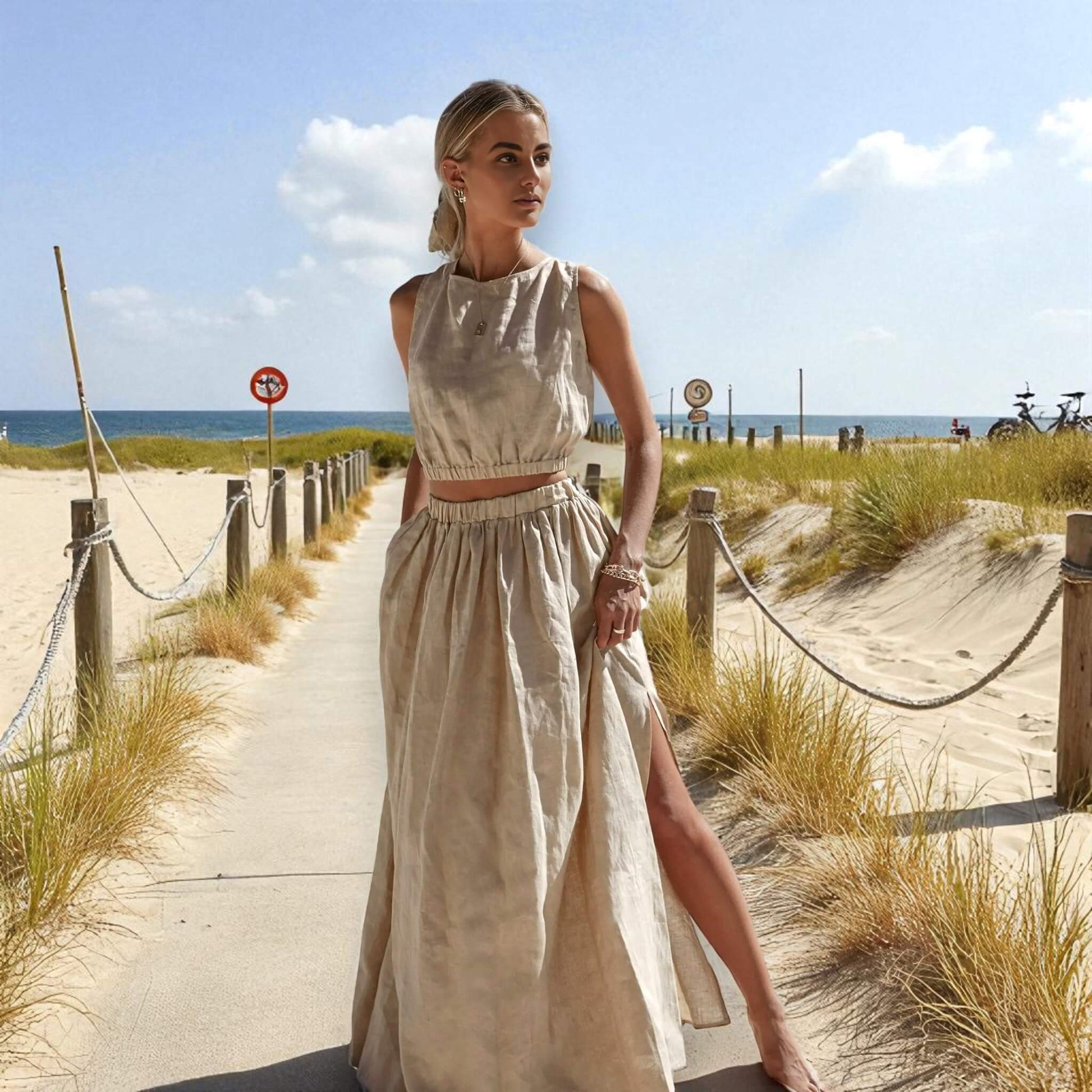 Relaxed Linen Tank Top, Elastic Waistband Linen Crop Top