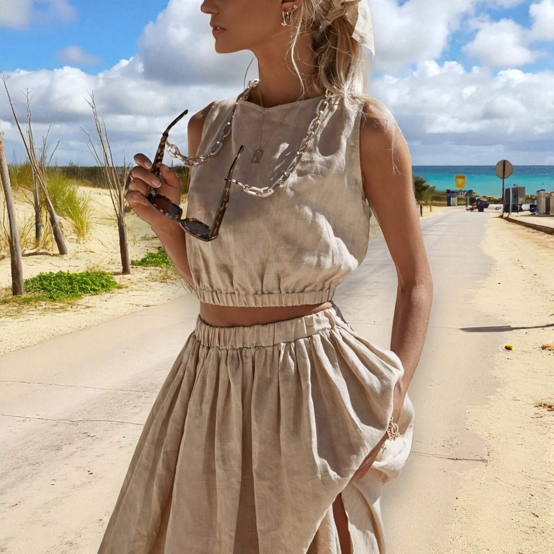 Relaxed Linen Tank Top, Elastic Waistband Linen Crop Top