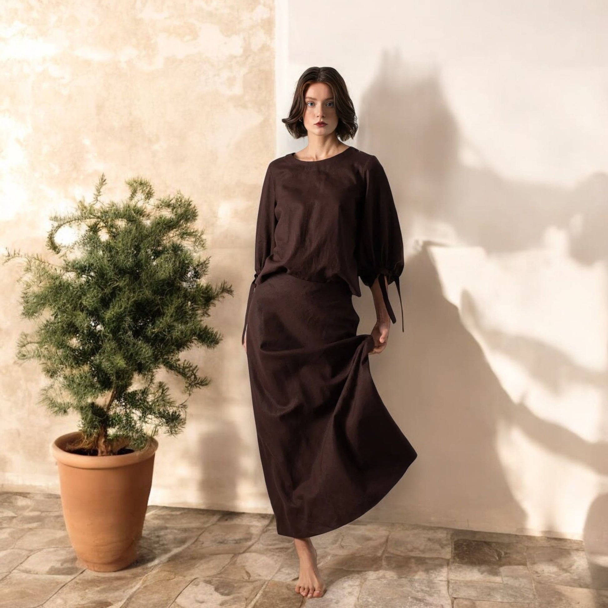 Relaxed Linen Top, Linen Tie-Cuff Blouse