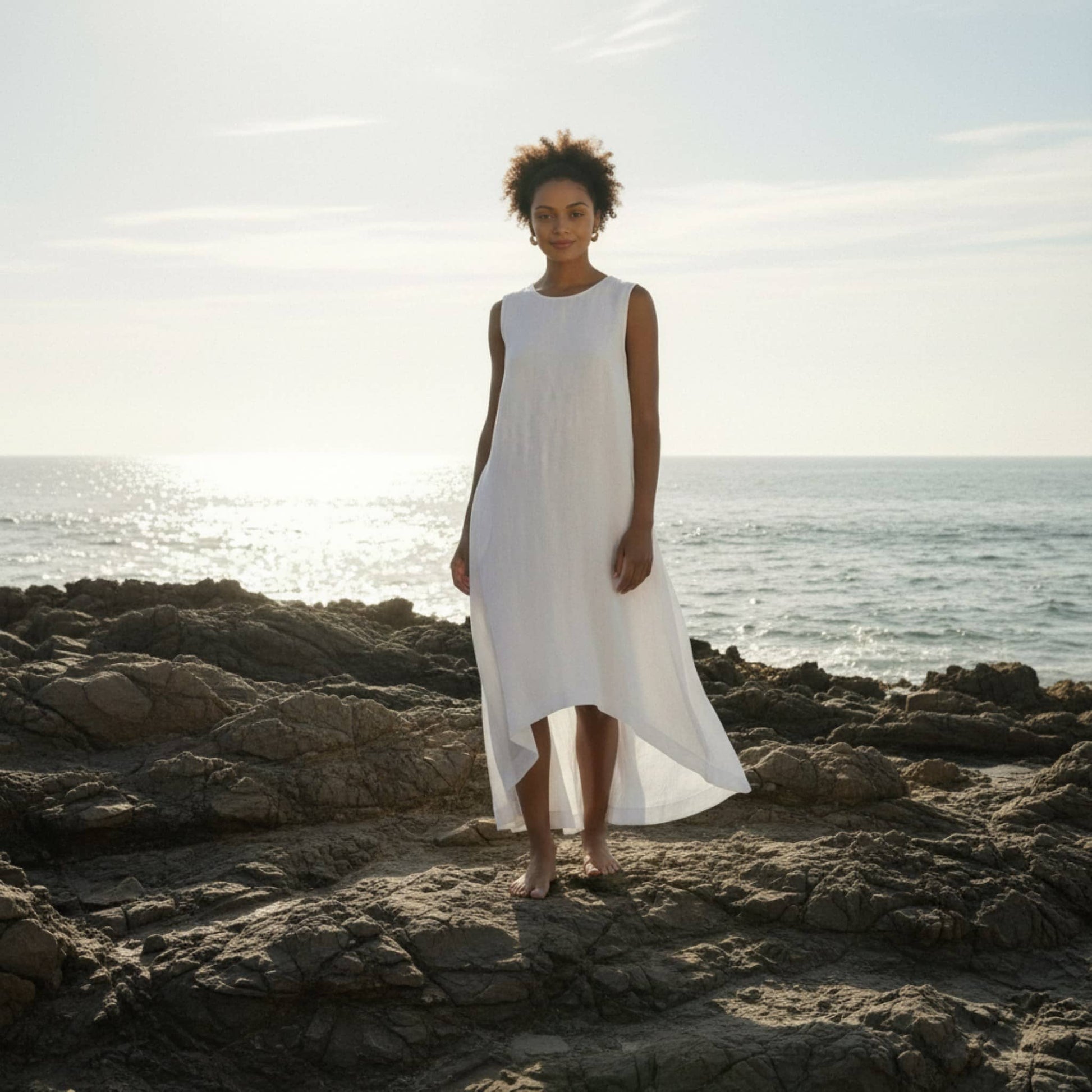 Relaxed Sleeveless Linen Dress, A-Line High-Low Hem