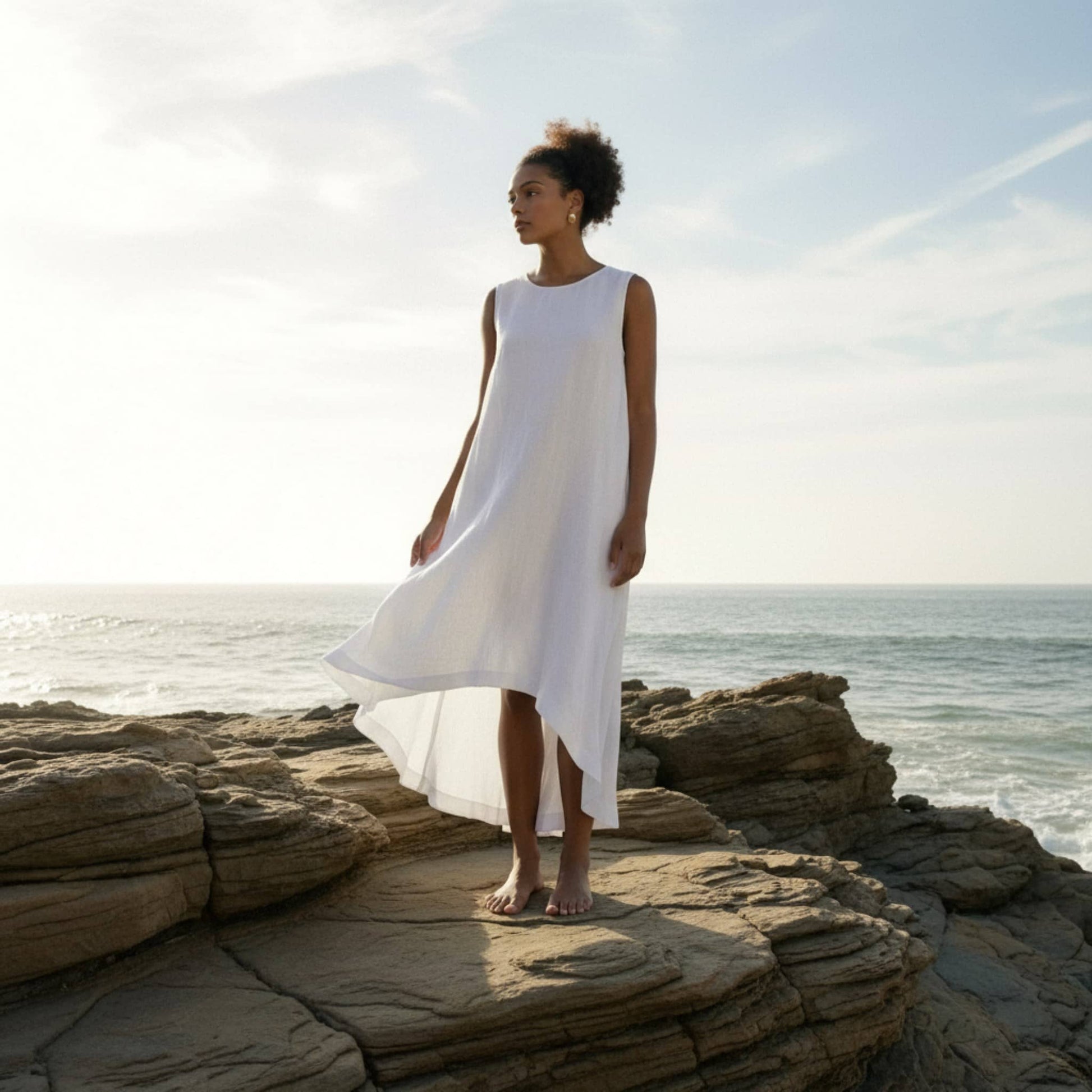 Relaxed Sleeveless Linen Dress, A-Line High-Low Hem
