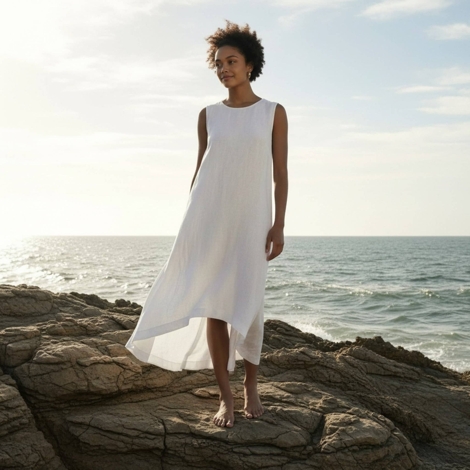 Relaxed Sleeveless Linen Dress, A-Line High-Low Hem