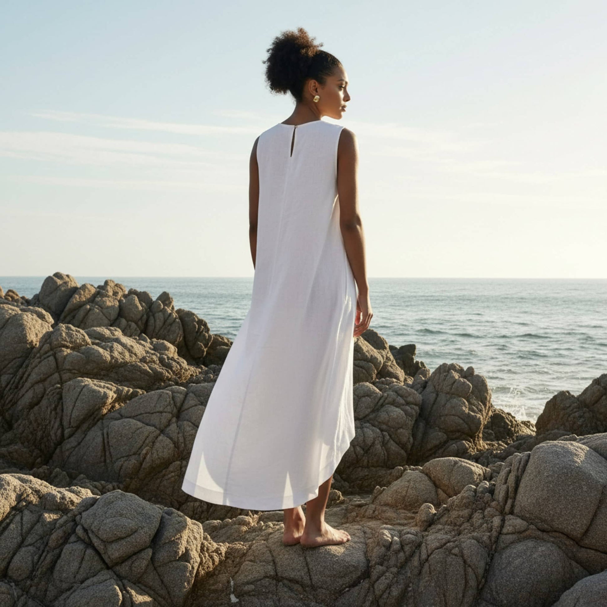 Relaxed Sleeveless Linen Dress, A-Line High-Low Hem