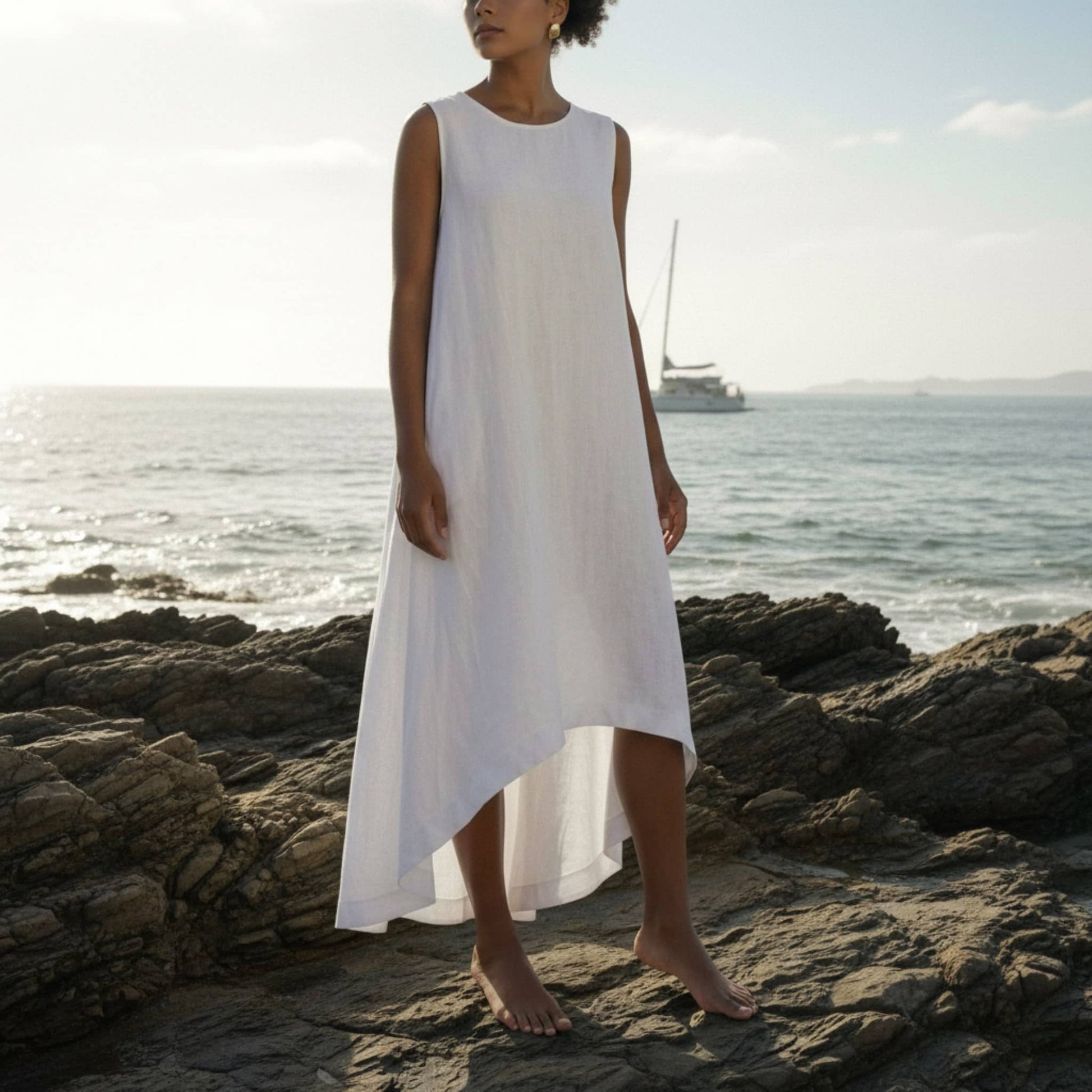 Relaxed Sleeveless Linen Dress, A-Line High-Low Hem