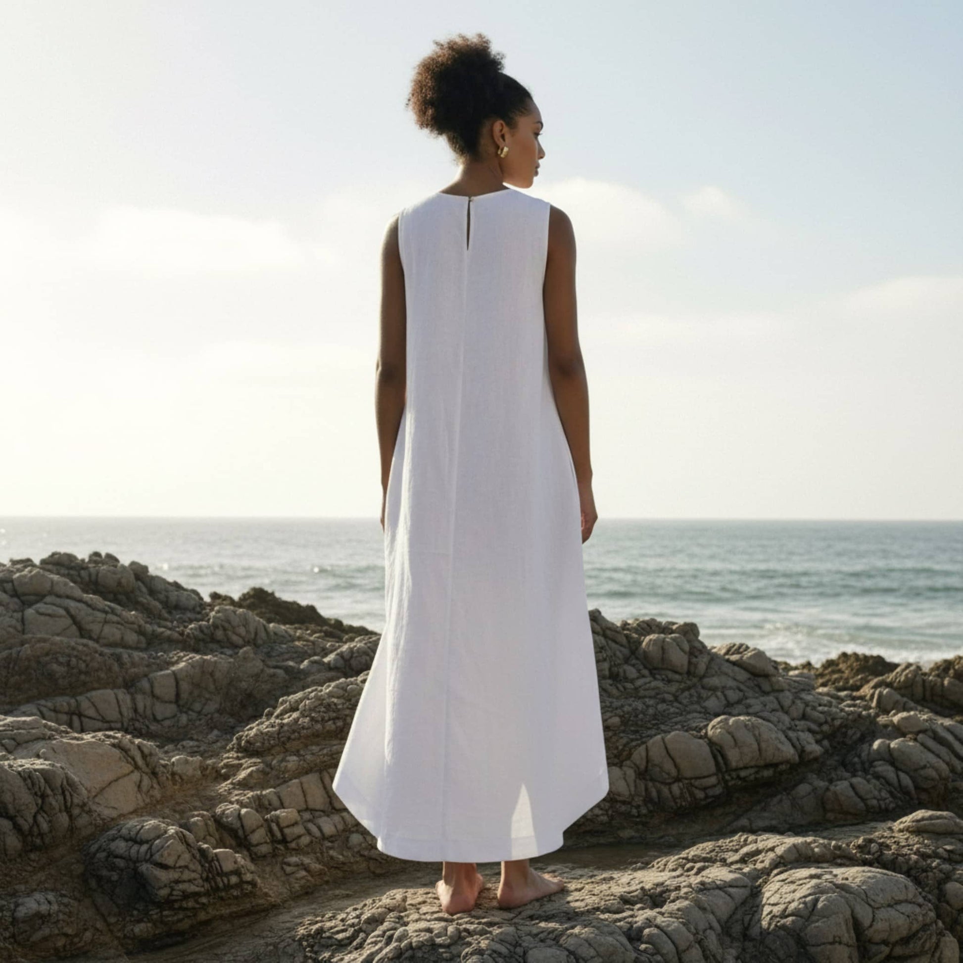 Relaxed Sleeveless Linen Dress, A-Line High-Low Hem