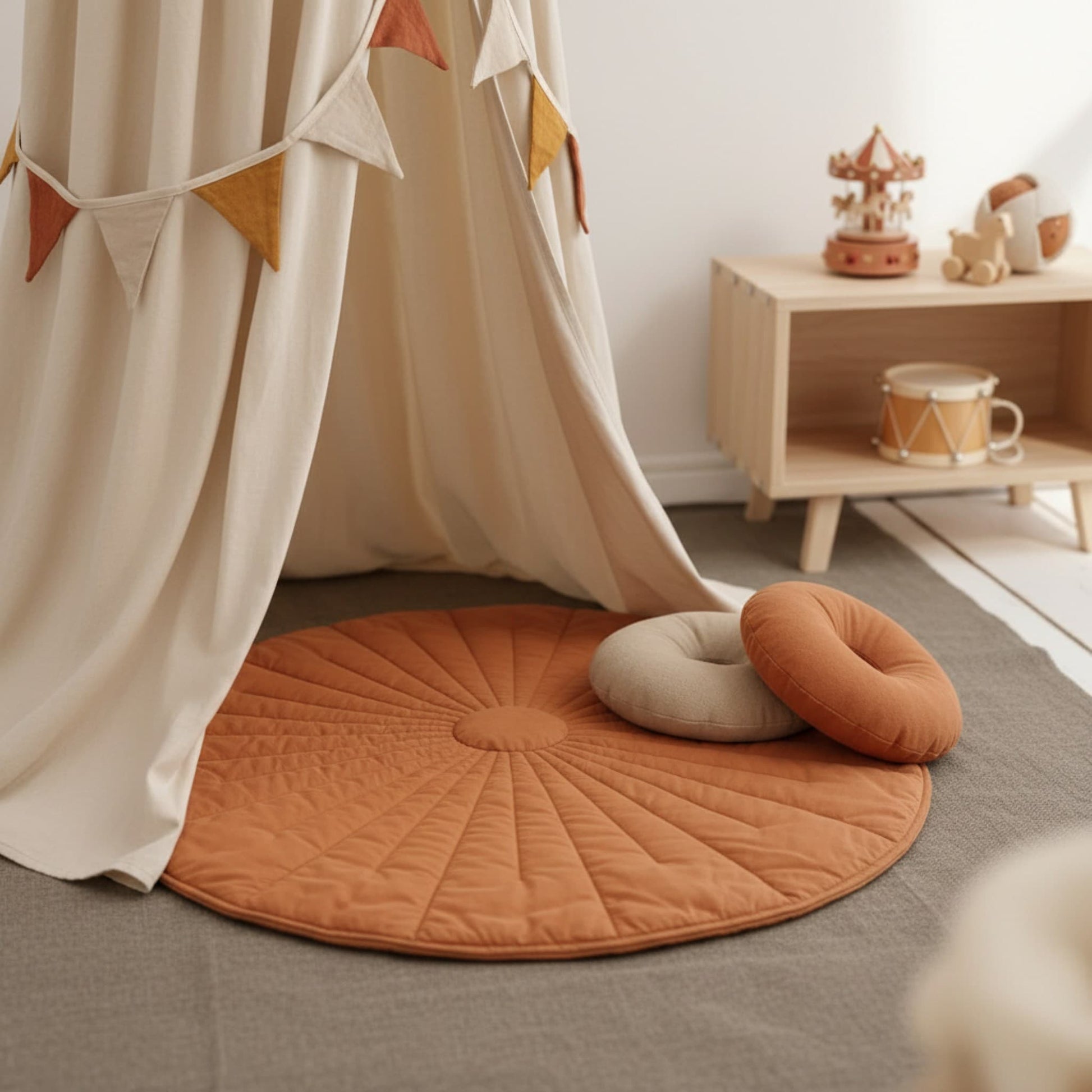 Round Quilted Play Mat, Linen Baby Play Mat