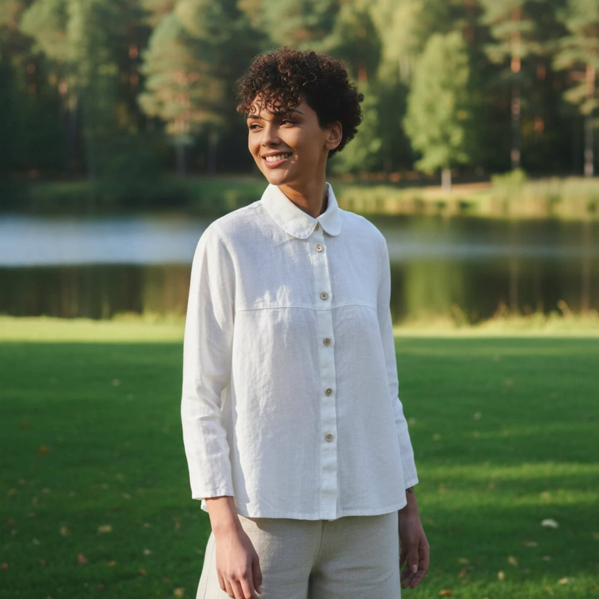 Rounded Collar Linen Shirt, Long Straight Sleeves