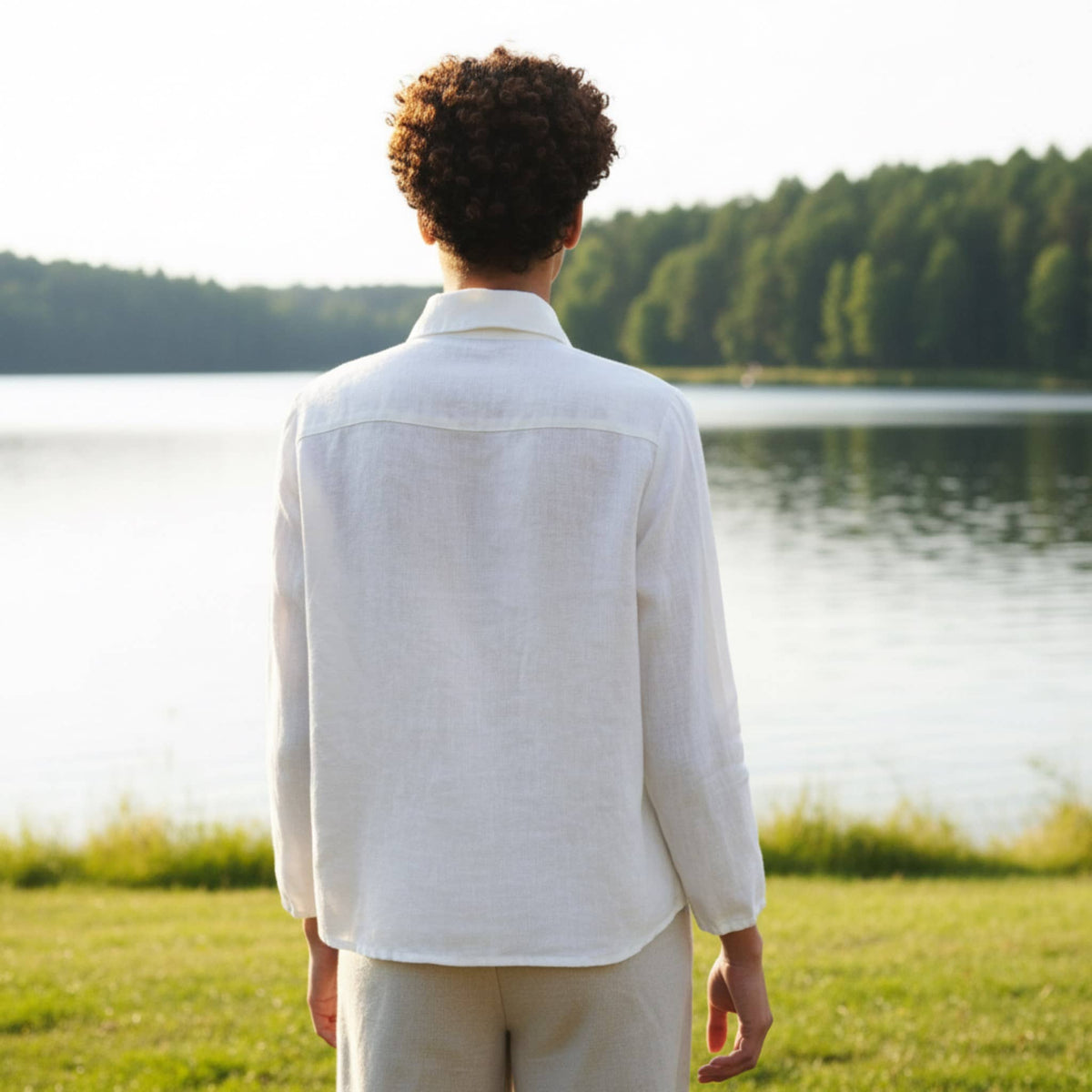 Rounded Collar Linen Shirt, Long Straight Sleeves