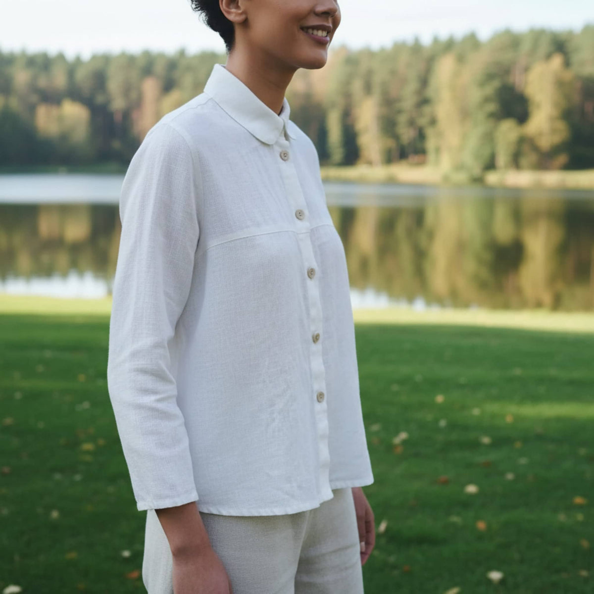 Rounded Collar Linen Shirt, Long Straight Sleeves