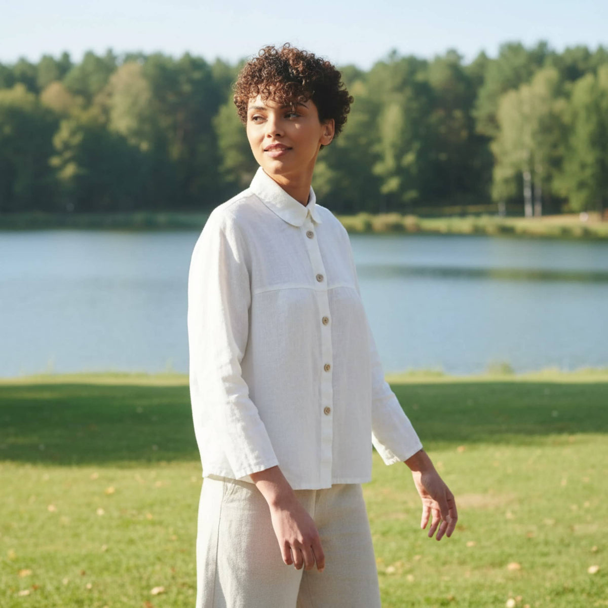 Rounded Collar Linen Shirt, Long Straight Sleeves