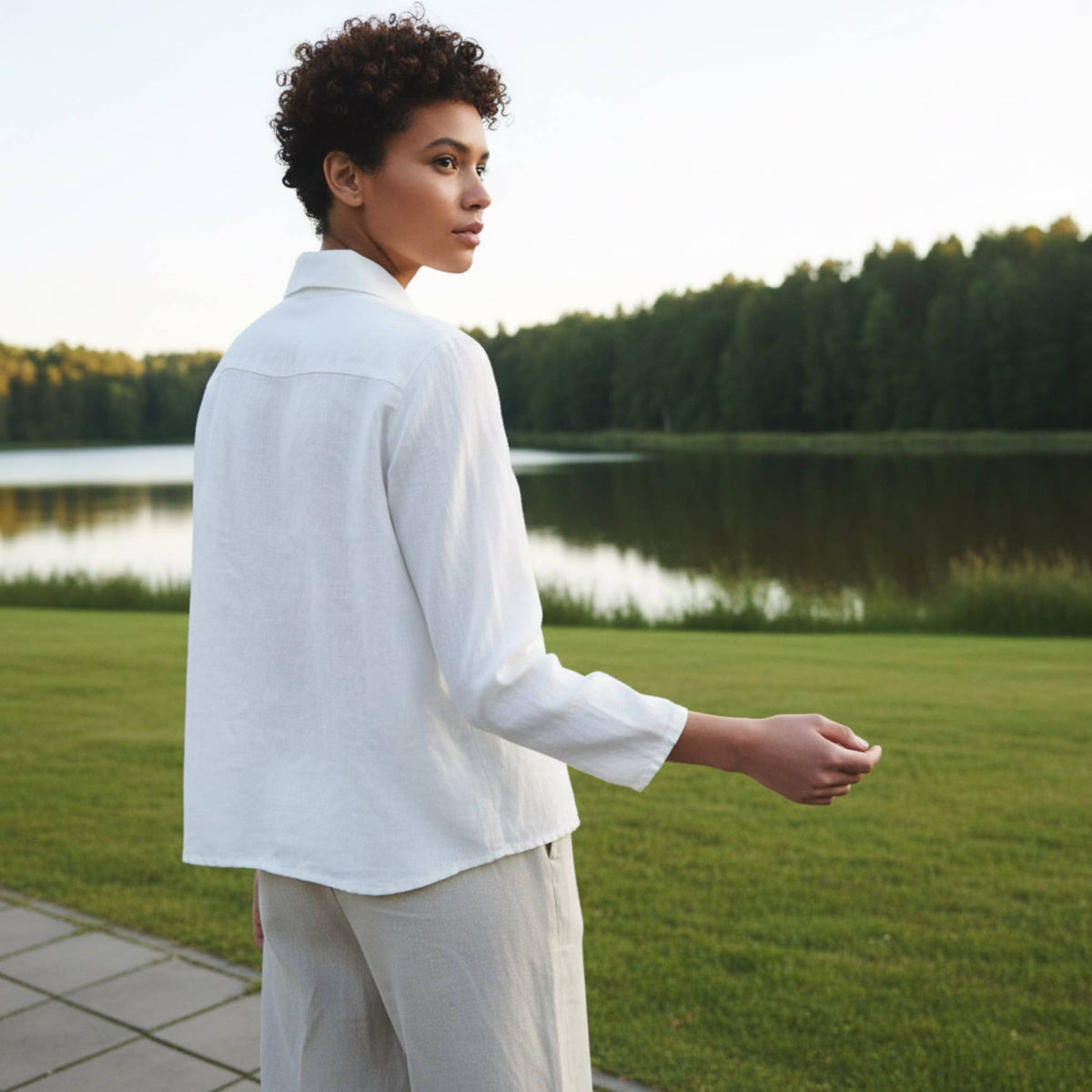 Rounded Collar Linen Shirt, Long Straight Sleeves