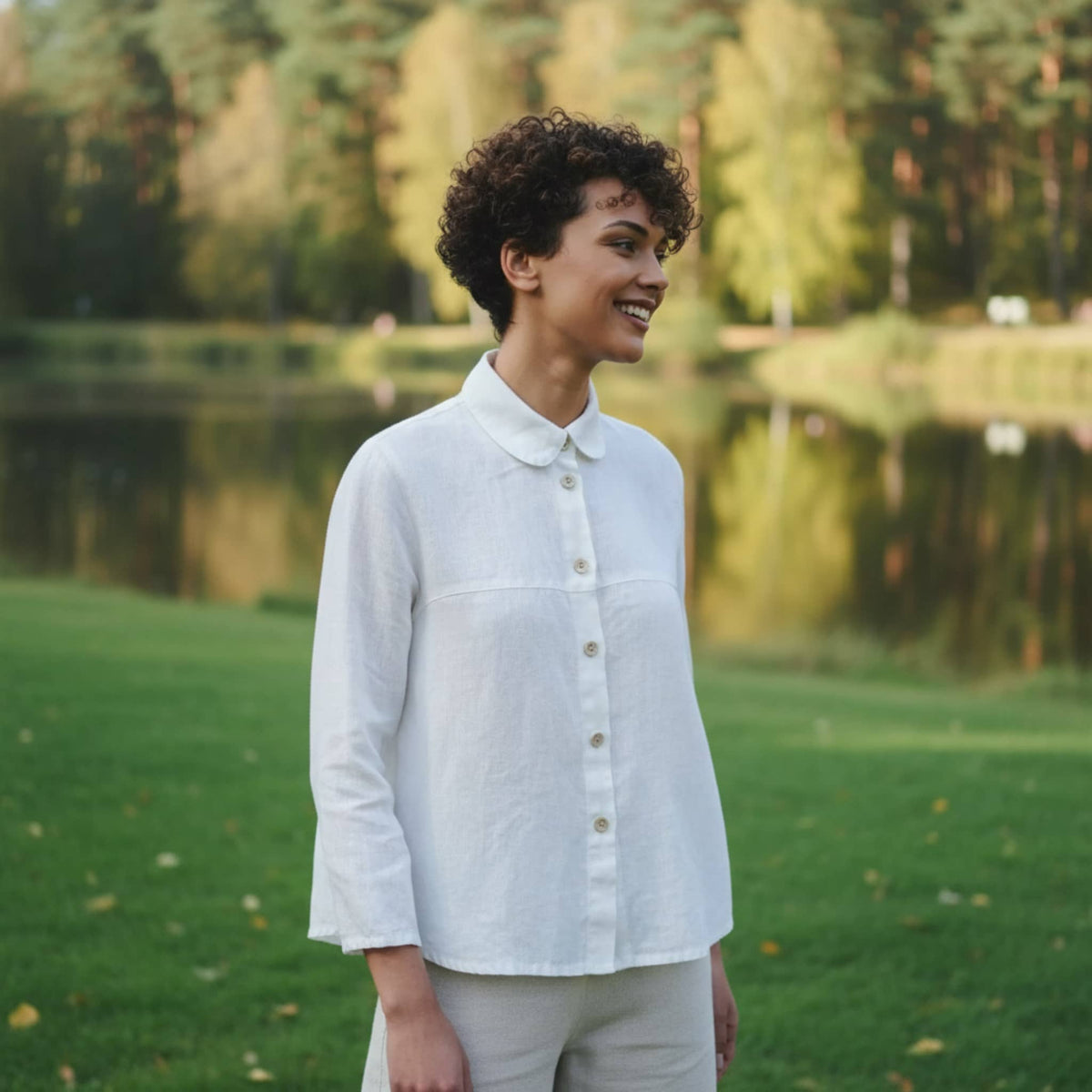 Rounded Collar Linen Shirt, Long Straight Sleeves