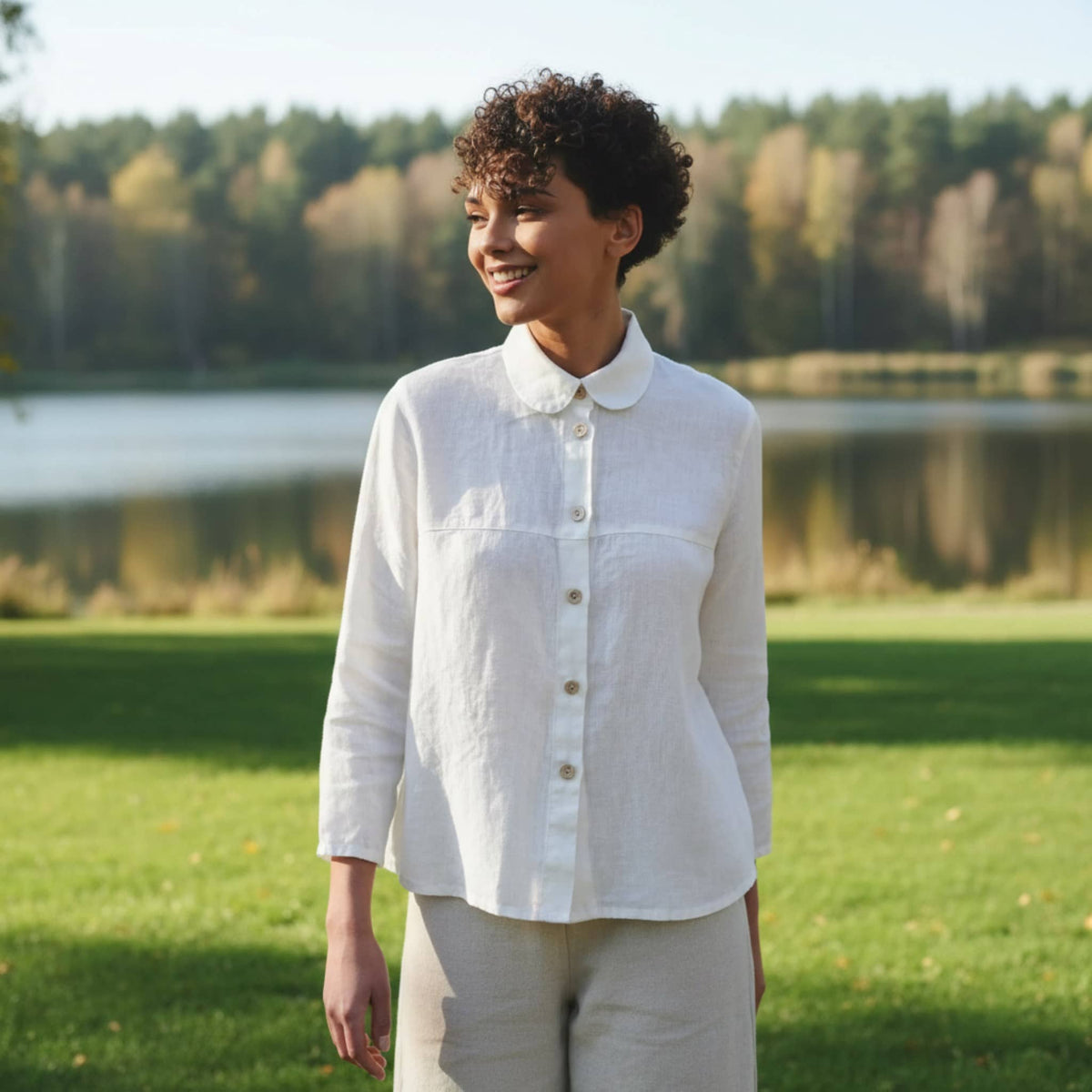 Rounded Collar Linen Shirt, Long Straight Sleeves