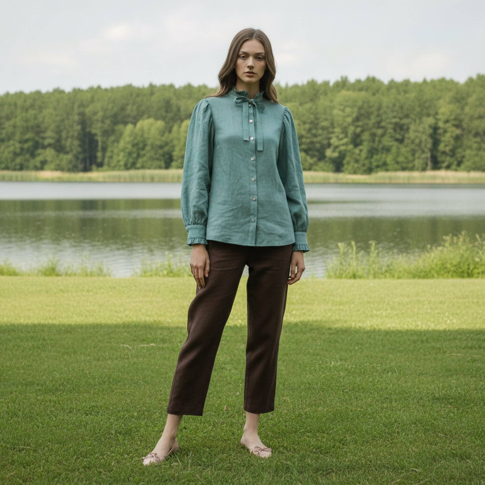 Ruffle Collar Linen Shirt, Long Puff Sleeve