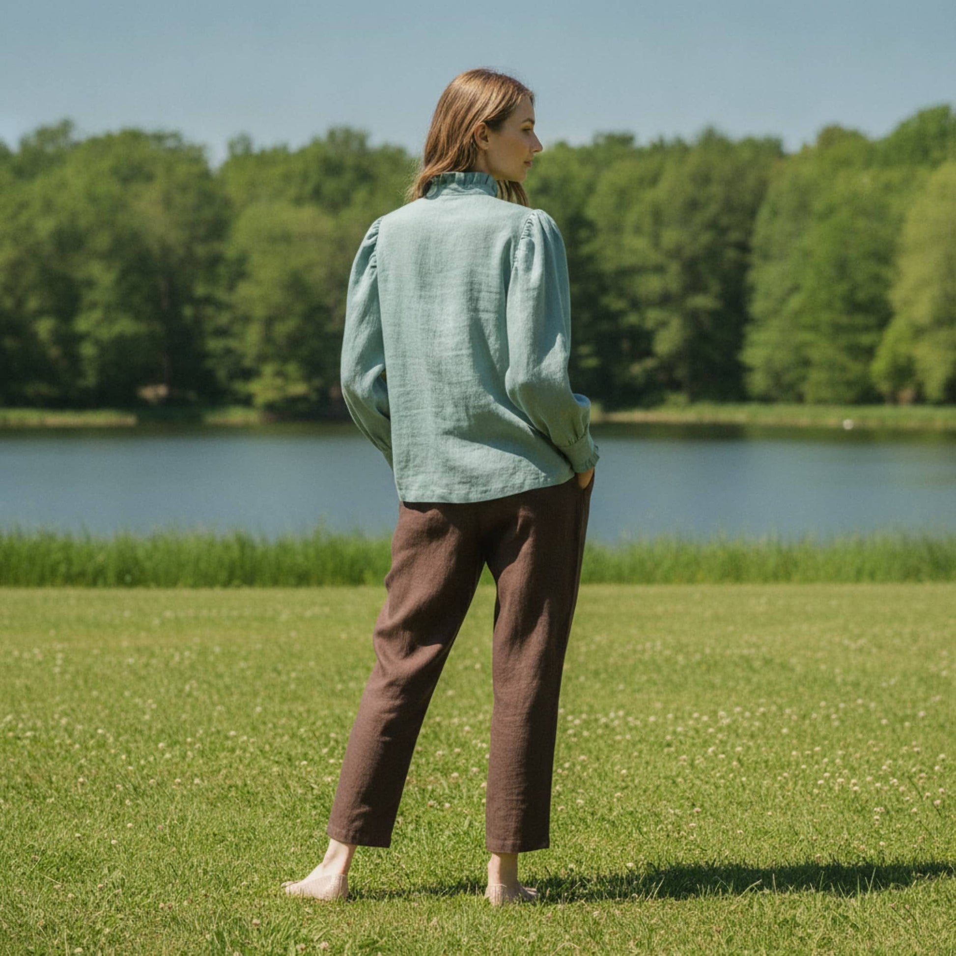 Ruffle Collar Linen Shirt, Long Puff Sleeve