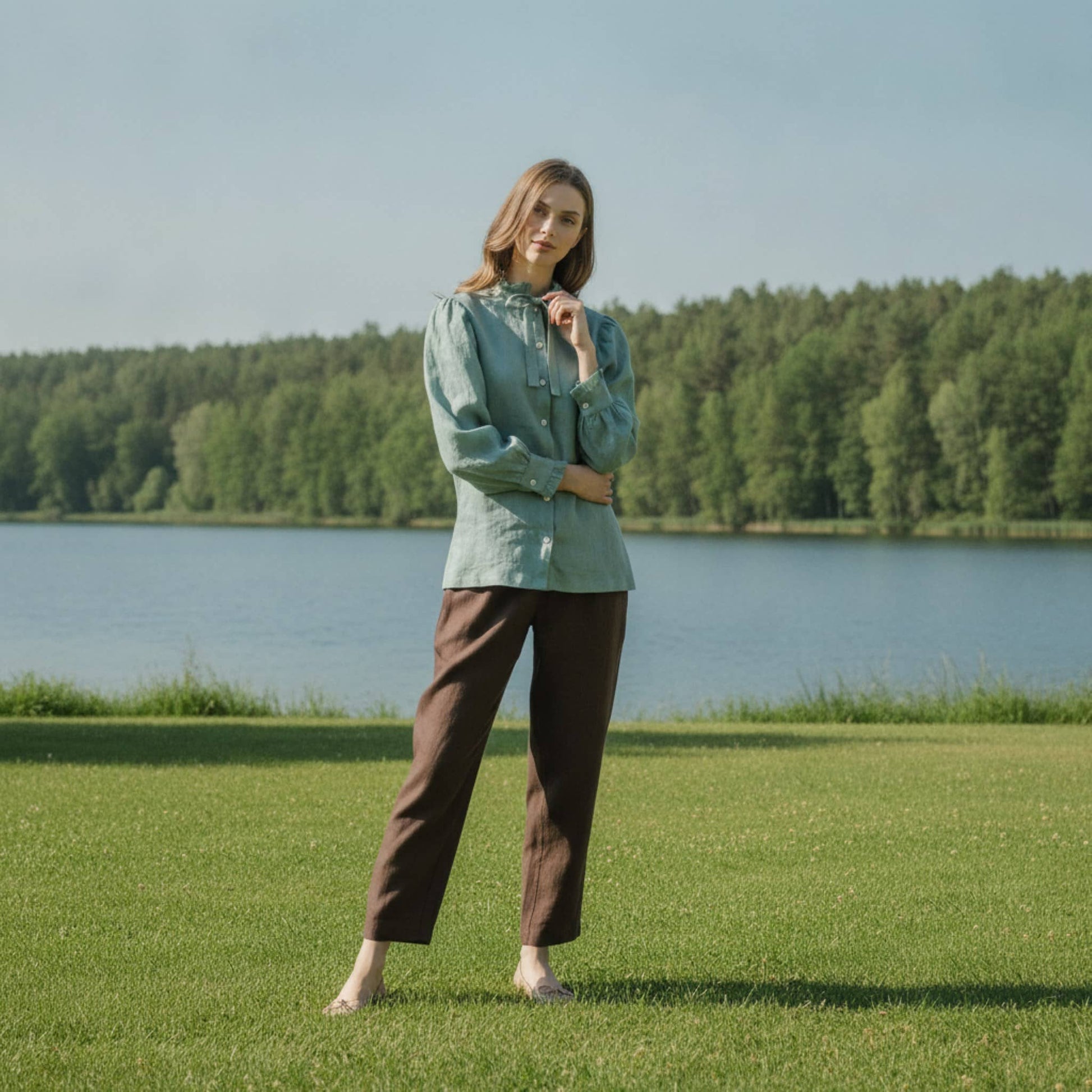 Ruffle Collar Linen Shirt, Long Puff Sleeve
