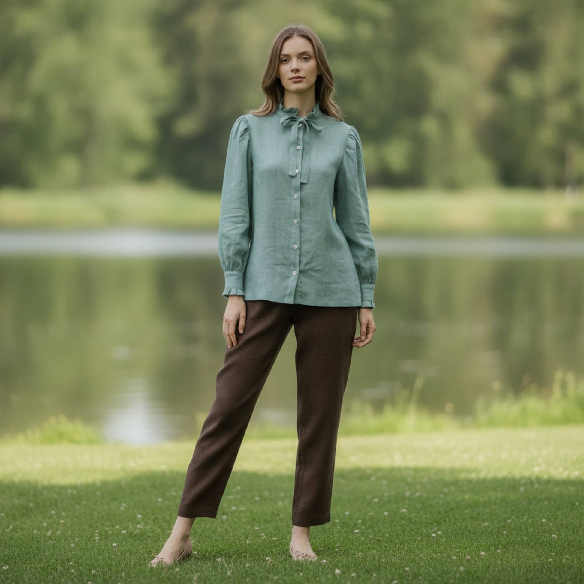 Ruffle Collar Linen Shirt, Long Puff Sleeve