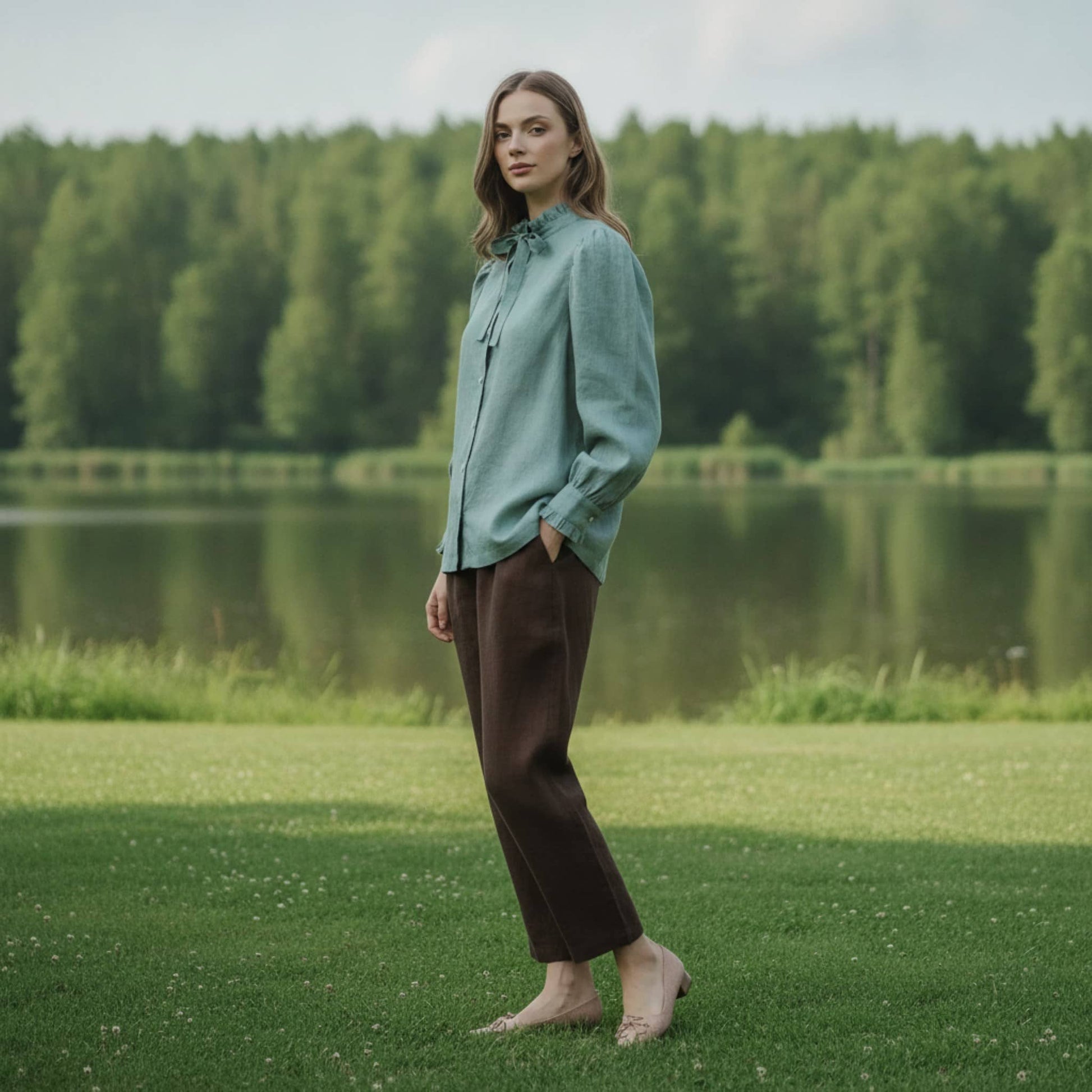 Ruffle Collar Linen Shirt, Long Puff Sleeve
