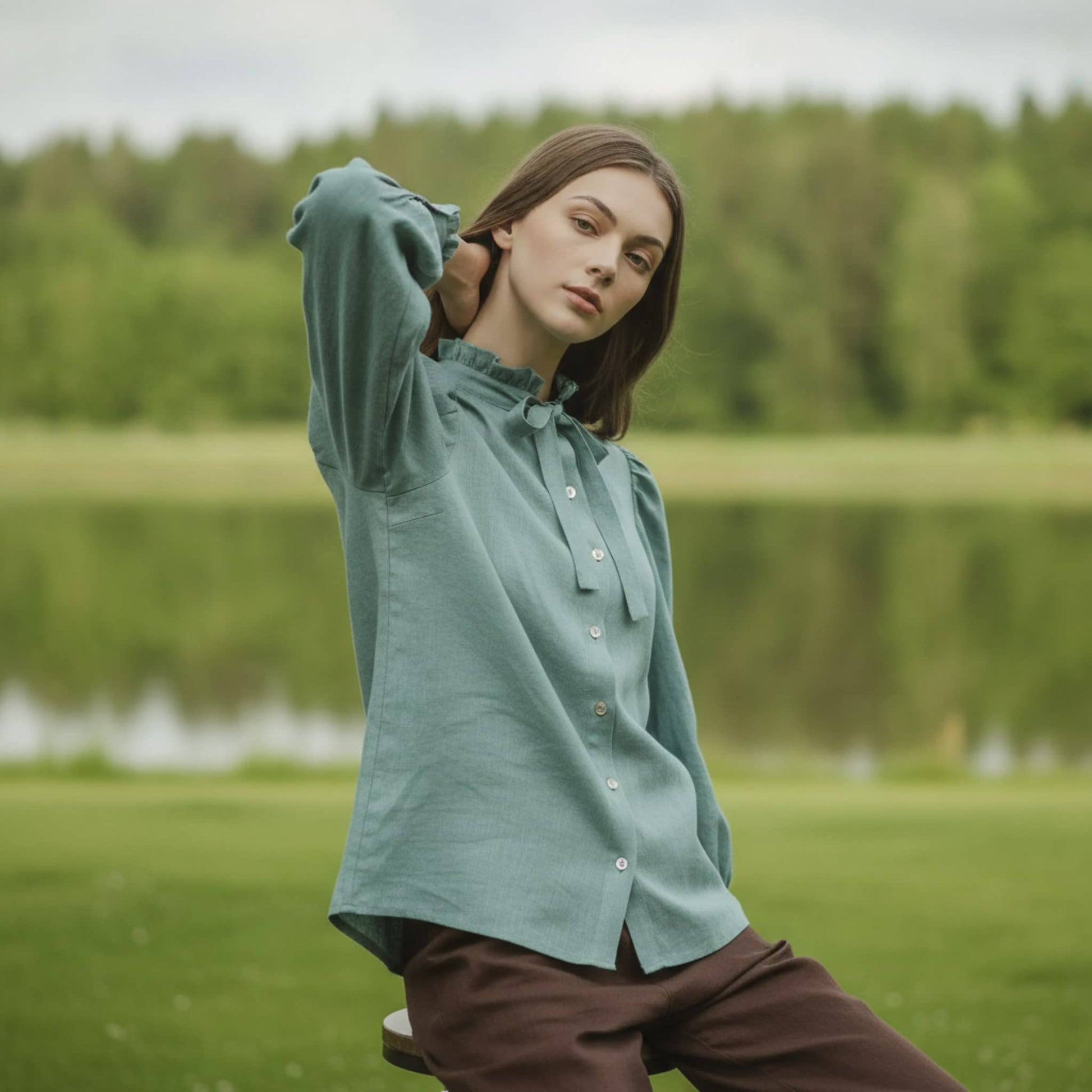 Ruffle Collar Linen Shirt, Long Puff Sleeve