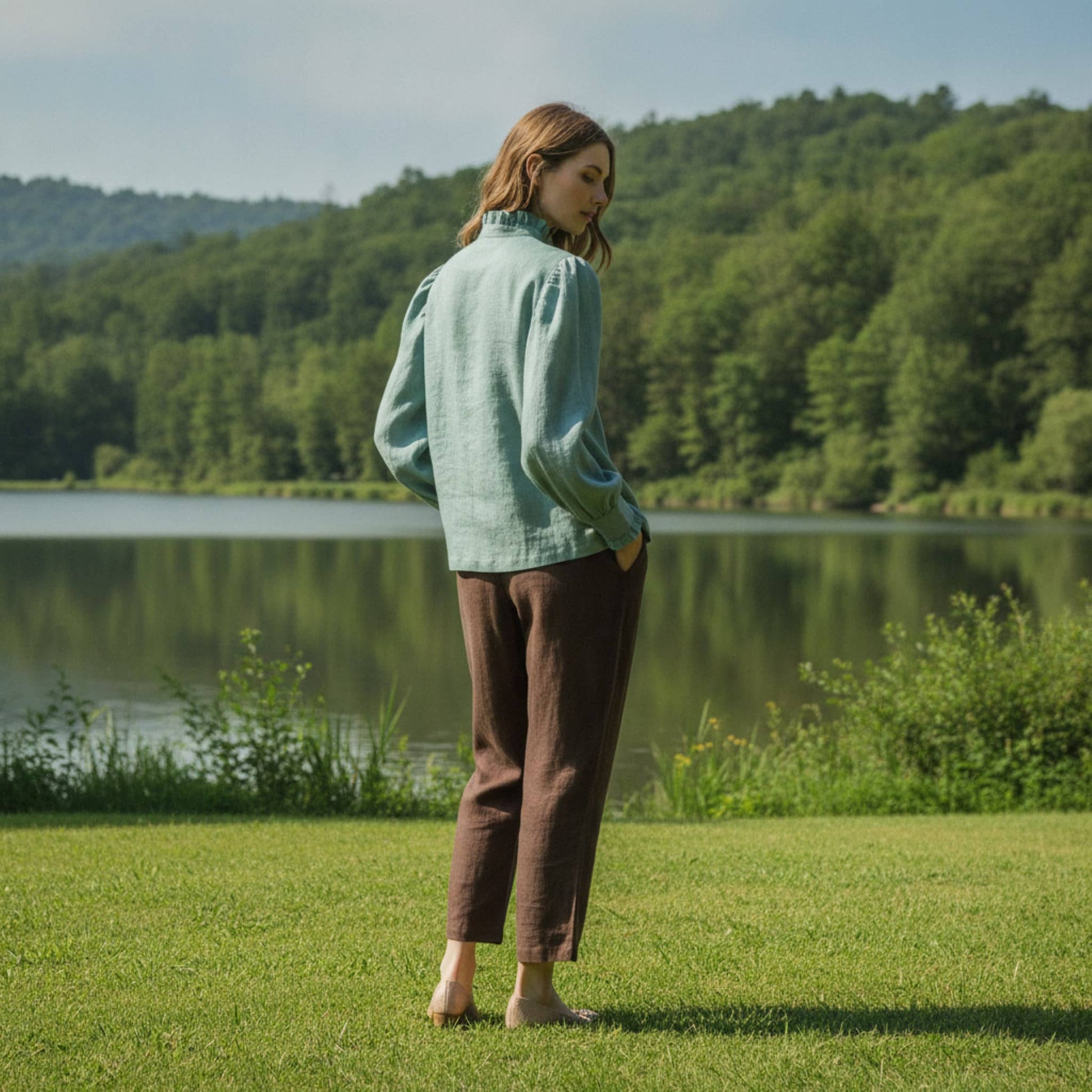 Ruffle Collar Linen Shirt, Long Puff Sleeve