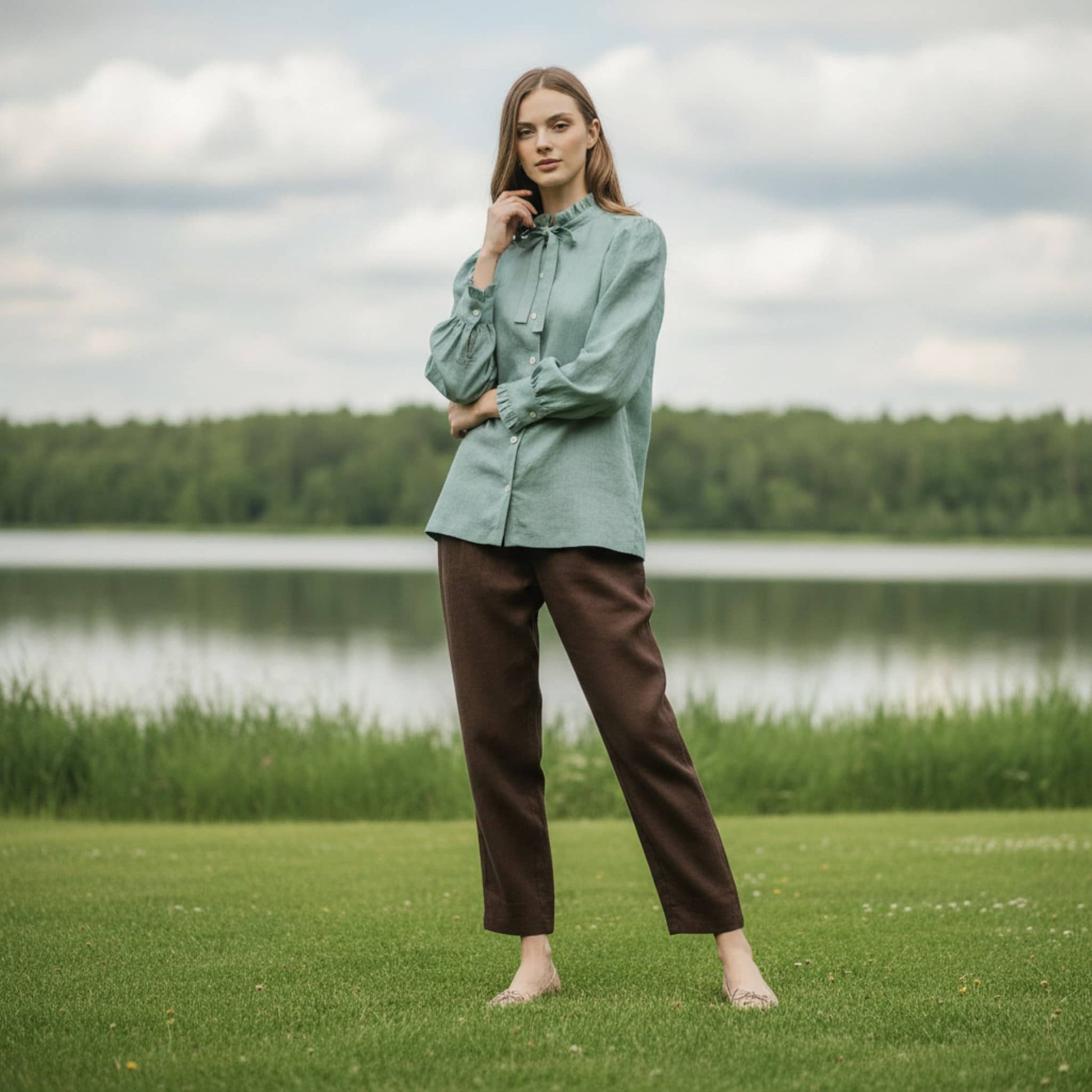 Ruffle Collar Linen Shirt, Long Puff Sleeve