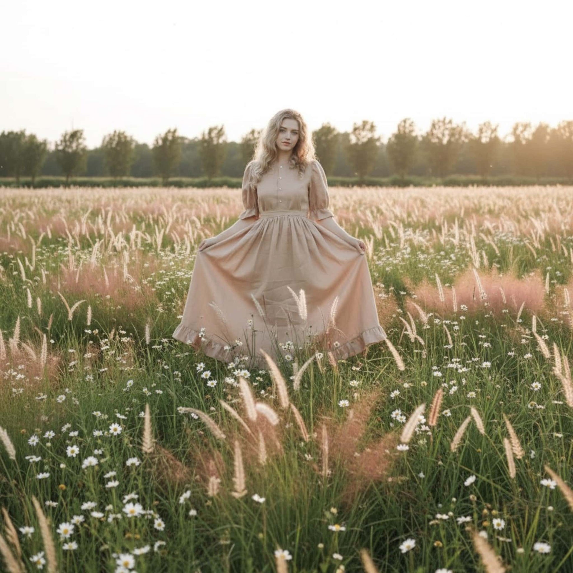 Ruffle Linen Maxi Dress, Linen Vintage Dress