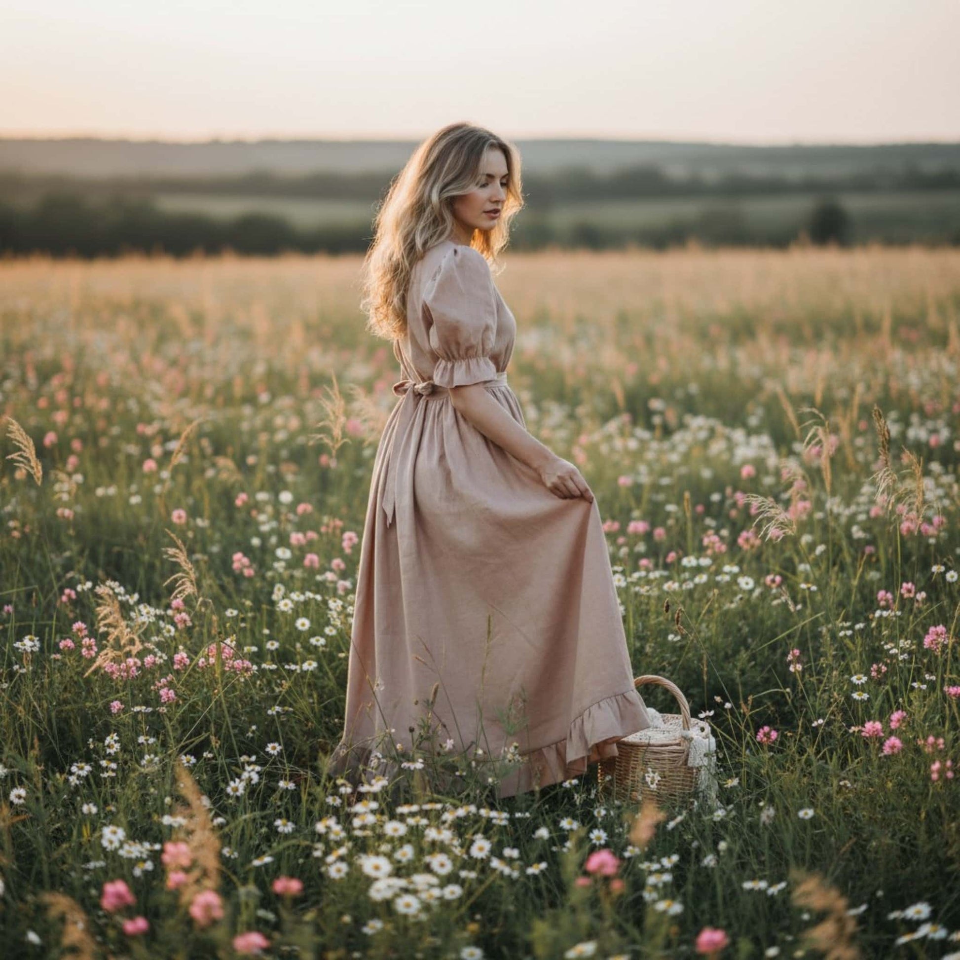 Ruffle Linen Maxi Dress, Linen Vintage Dress