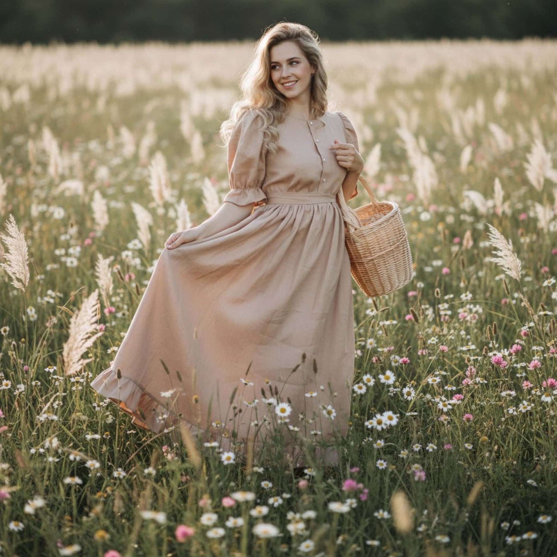 Ruffle Linen Maxi Dress, Linen Vintage Dress