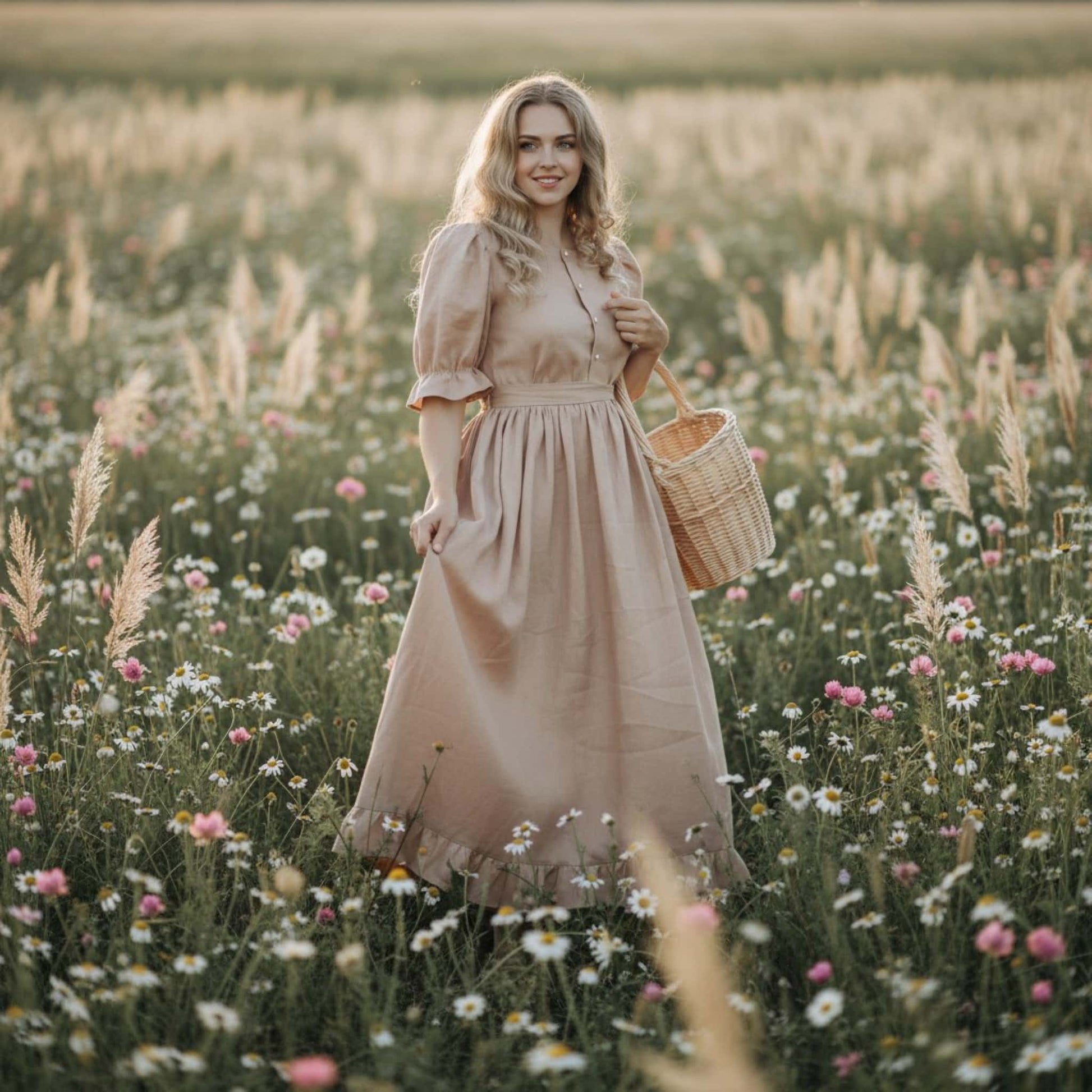 Ruffle Linen Maxi Dress, Linen Vintage Dress