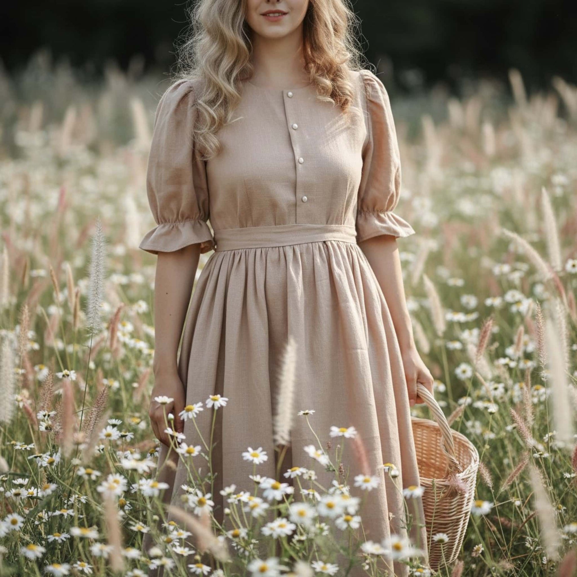 Ruffle Linen Maxi Dress, Linen Vintage Dress