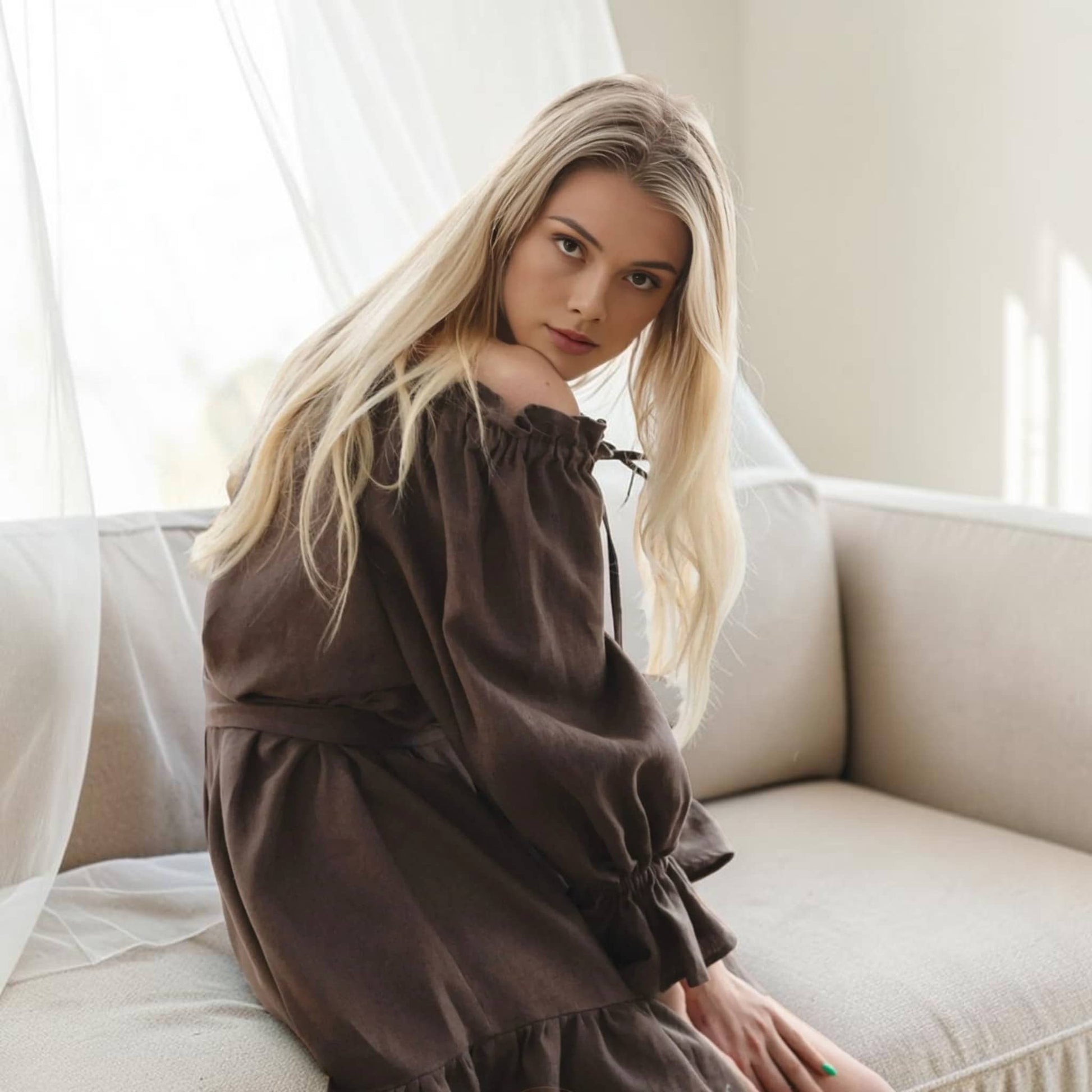 Ruffle Linen Mini Dress, Off Shoulder Tie Waist