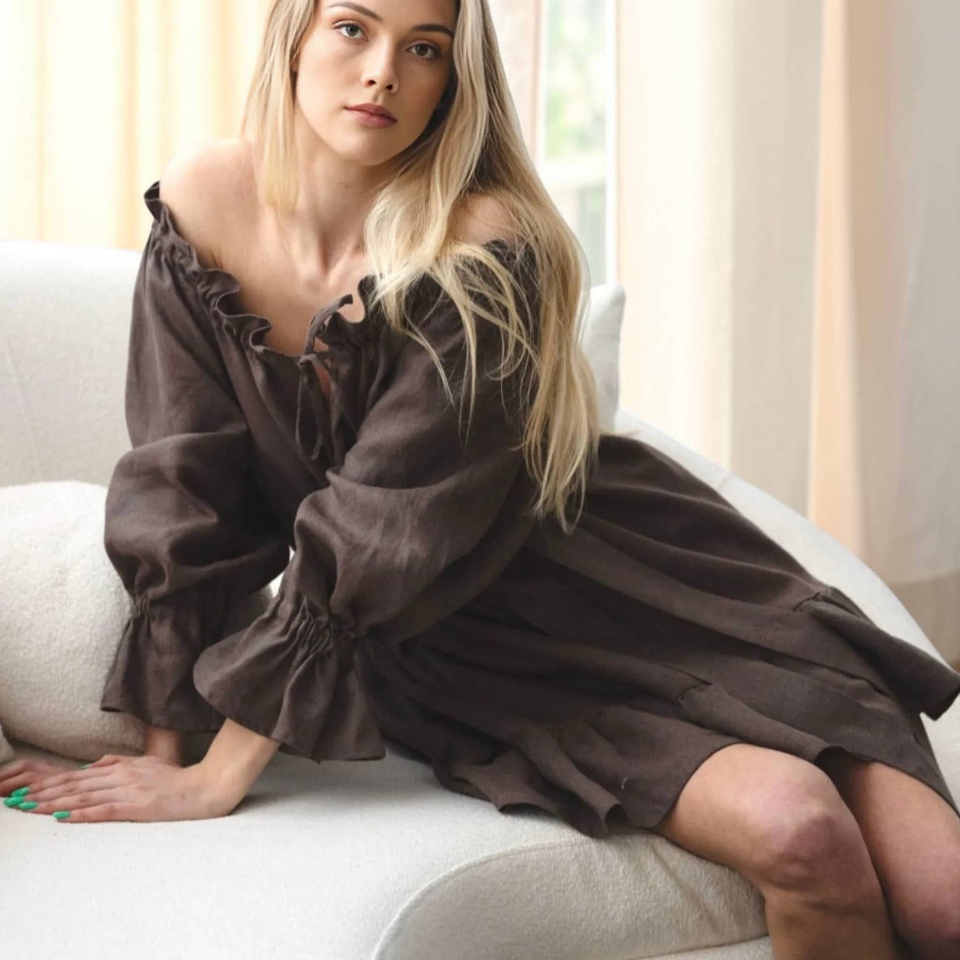 Ruffle Linen Mini Dress, Off Shoulder Tie Waist