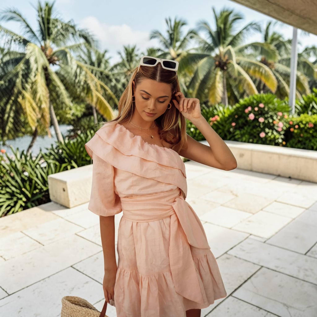 Ruffle Linen Mini Dress, One Shoulder Tie Waist