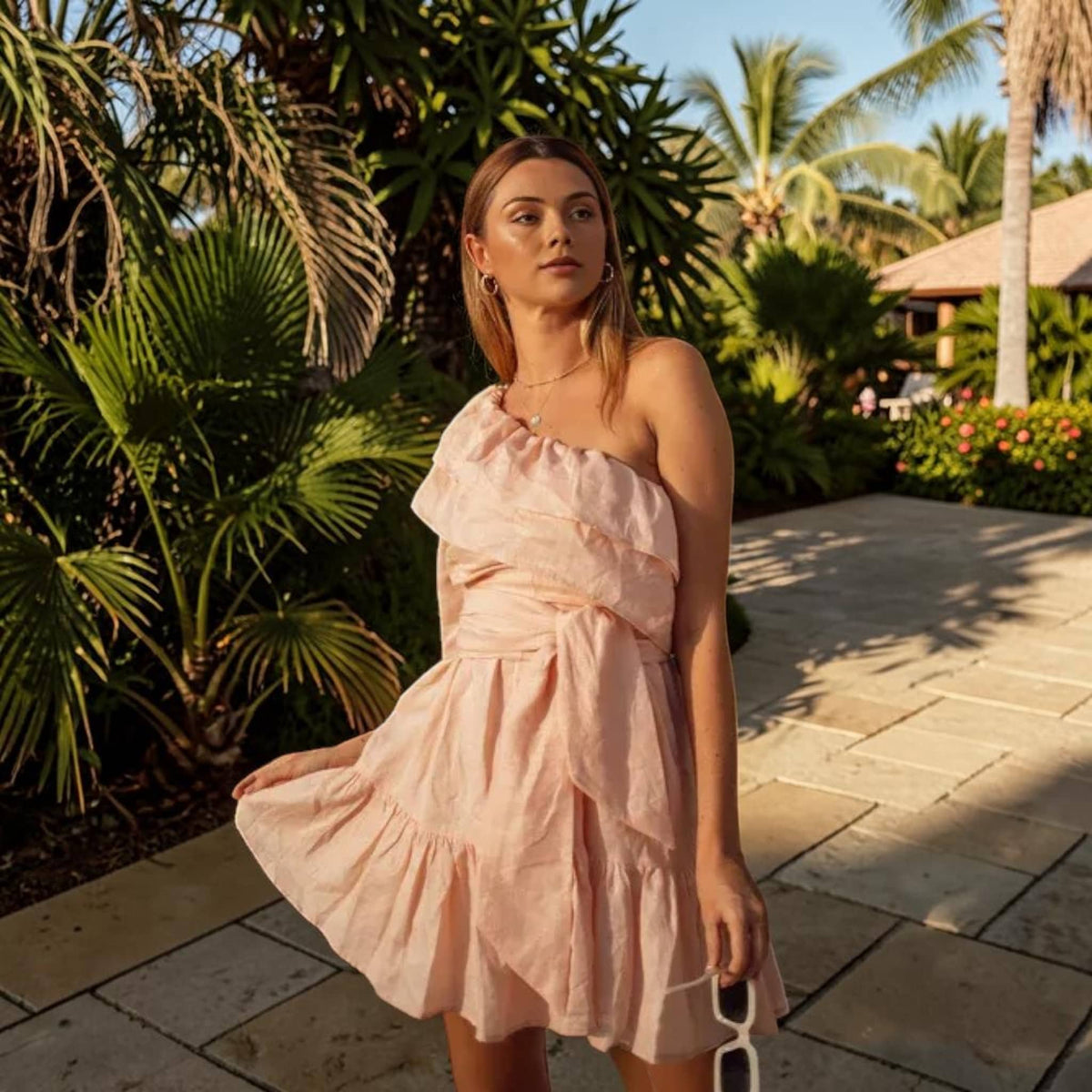 Ruffle Linen Mini Dress, One Shoulder Tie Waist