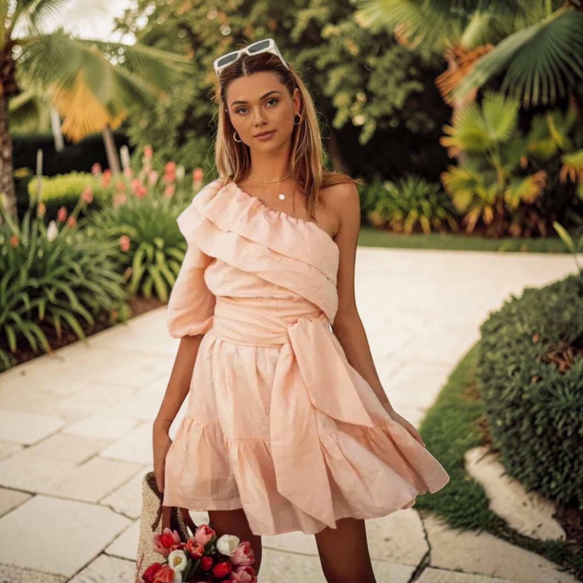 Ruffle Linen Mini Dress, One Shoulder Tie Waist