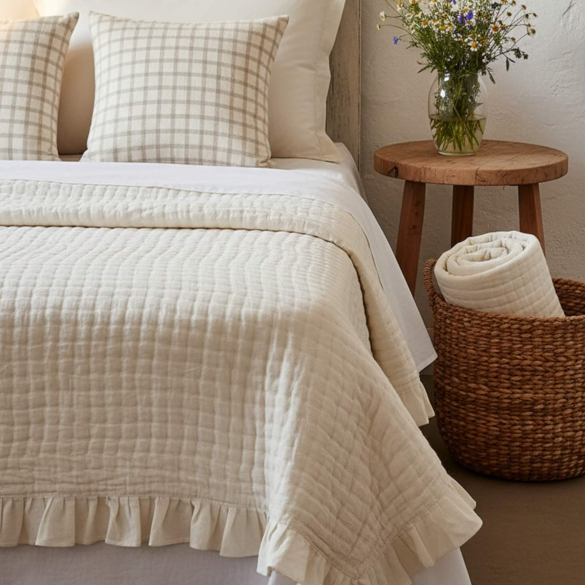 Ruffle Linen Quilted Blanket, Vintage Bed Blanket