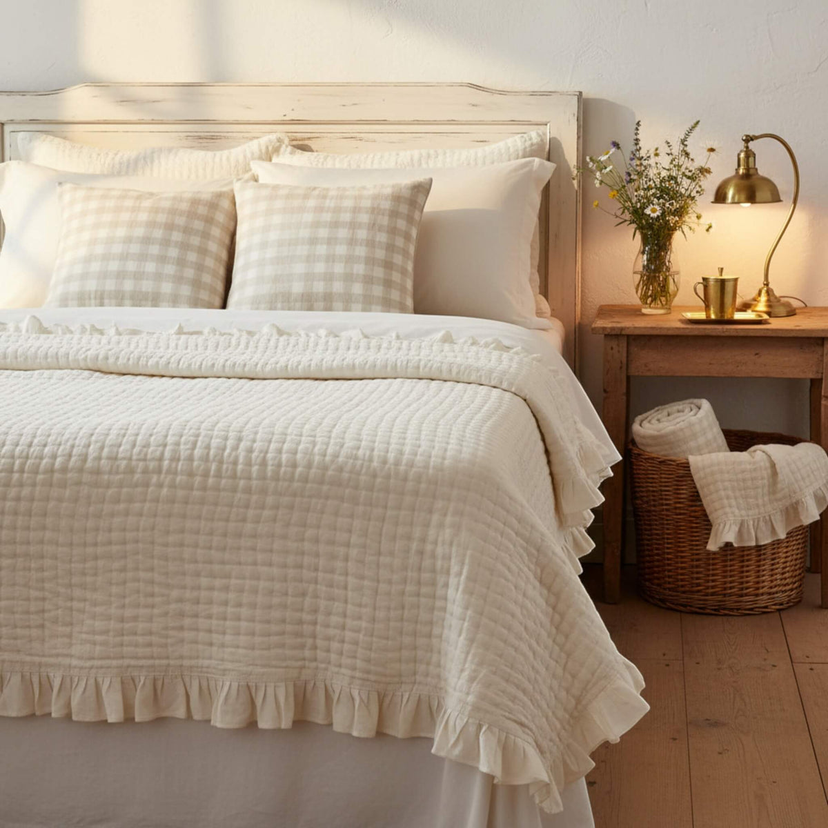 Ruffle Linen Quilted Blanket, Vintage Bed Blanket