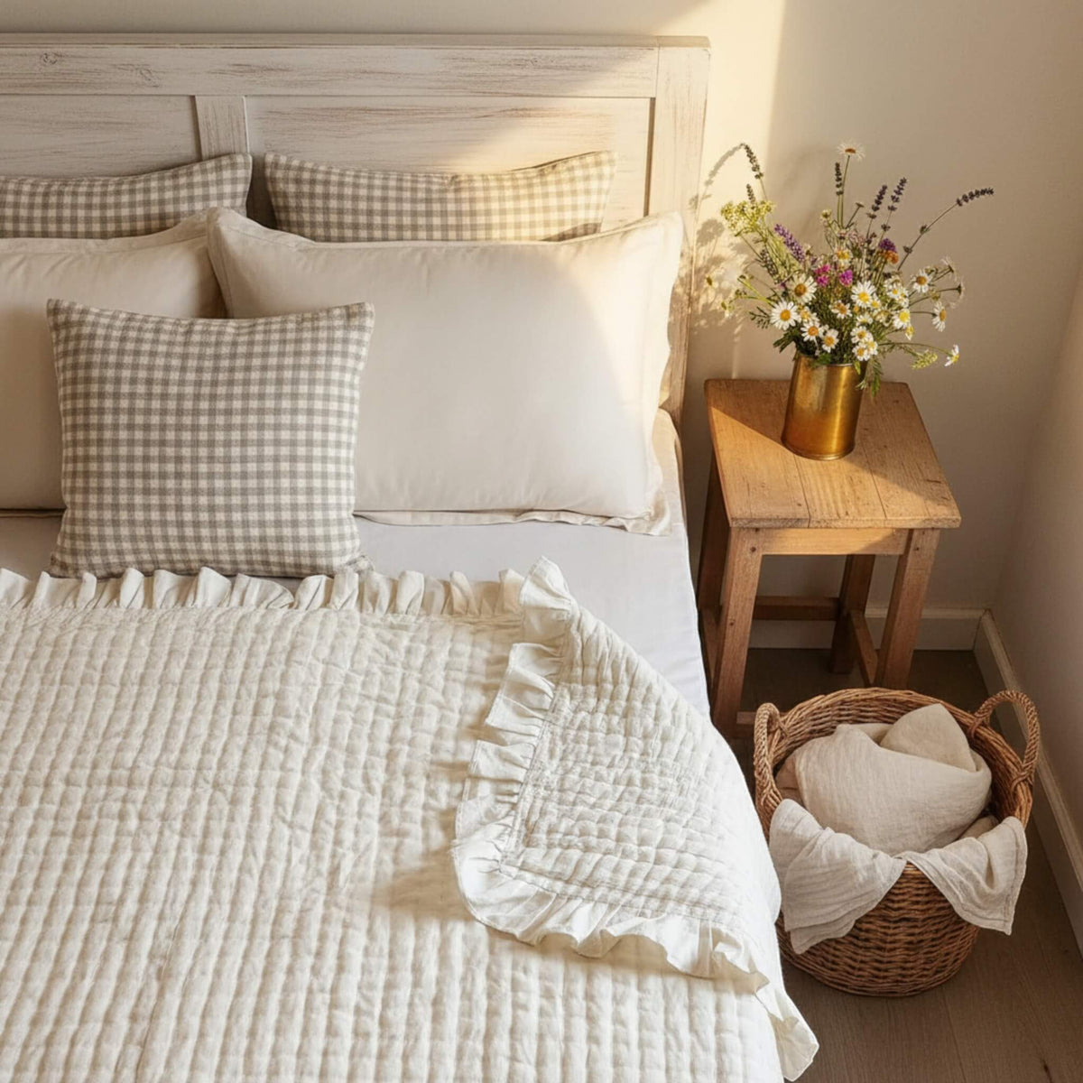 Ruffle Linen Quilted Blanket, Vintage Bed Blanket