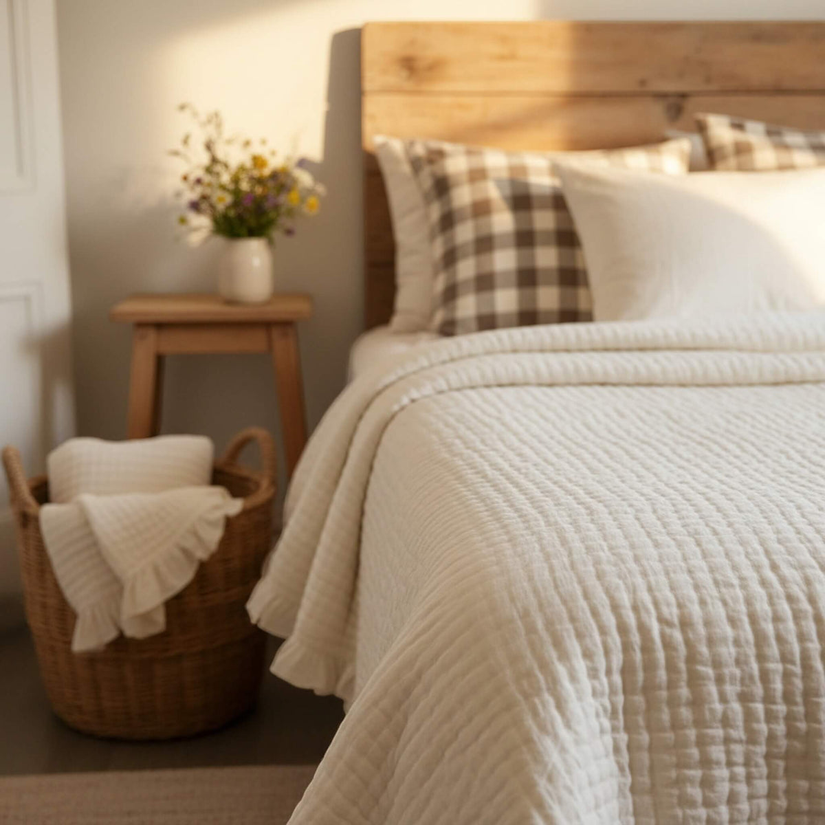 Ruffle Linen Quilted Blanket, Vintage Bed Blanket